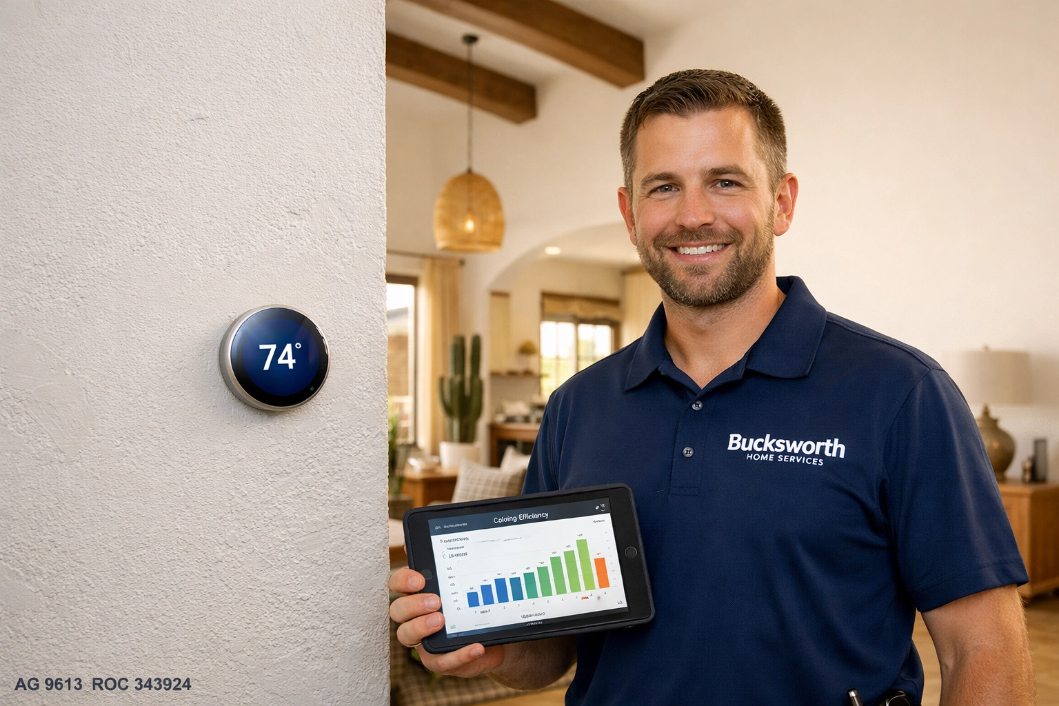 Bucksworth Home Services technician inspecting a smart thermostat for the best AC repair in Litchfield Park AZ.