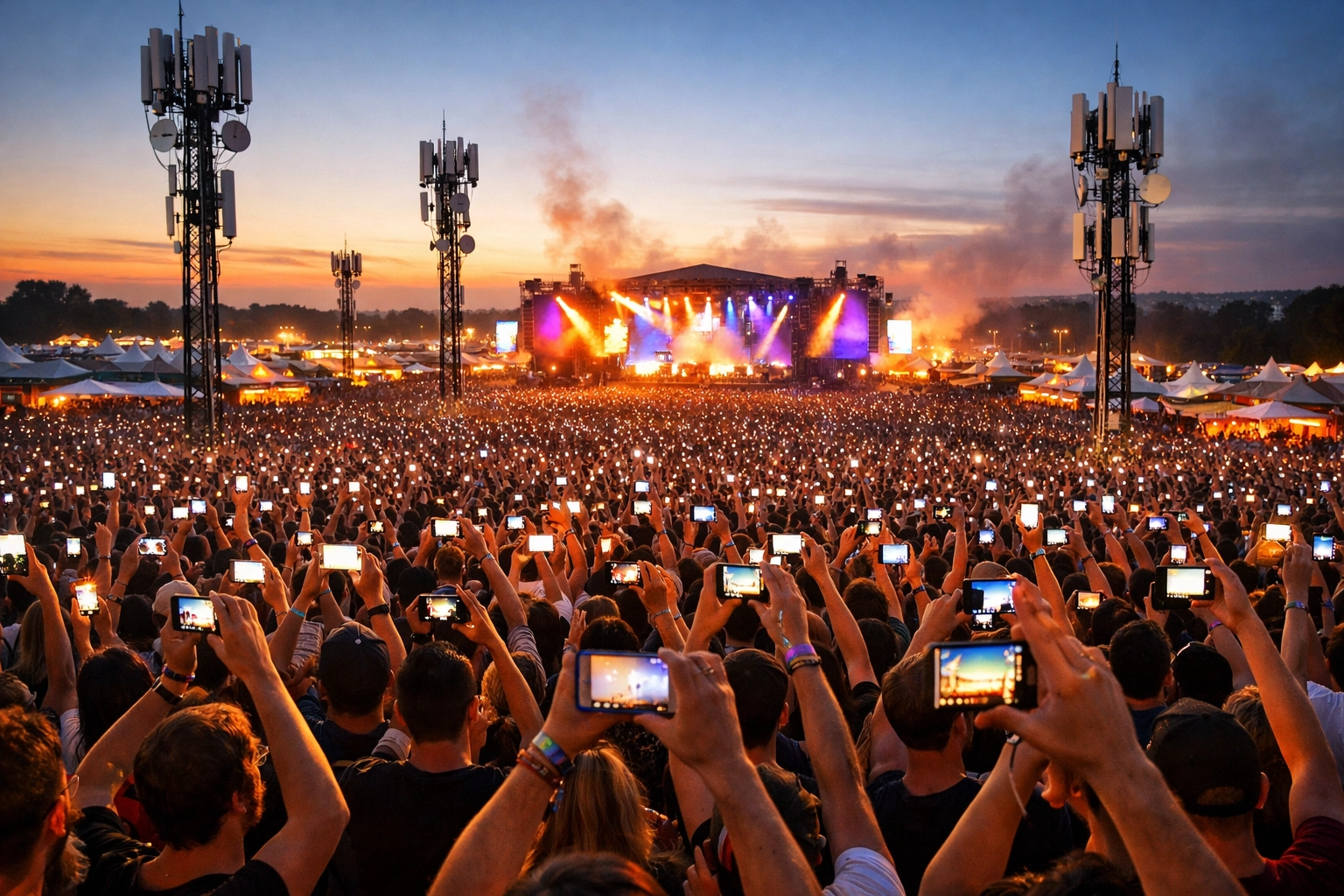 Large outdoor festival with mobile WiFi towers providing connectivity to thousands of attendees