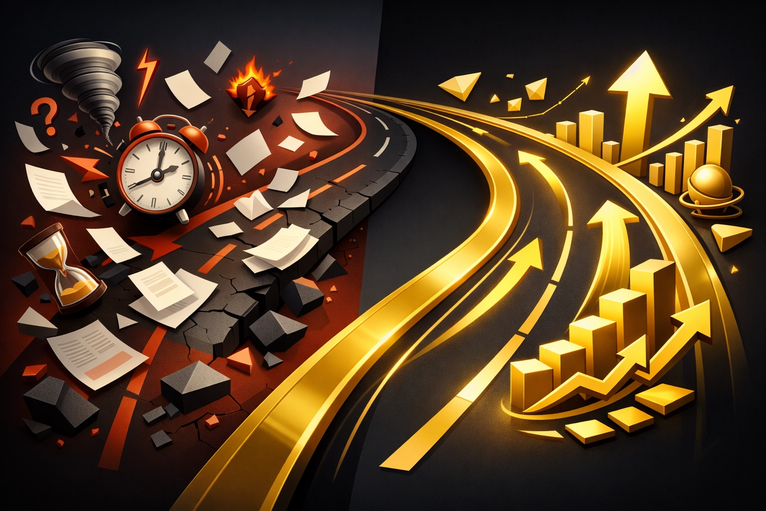 Two paths contrast: chaotic manual grind vs organized automated business growth system