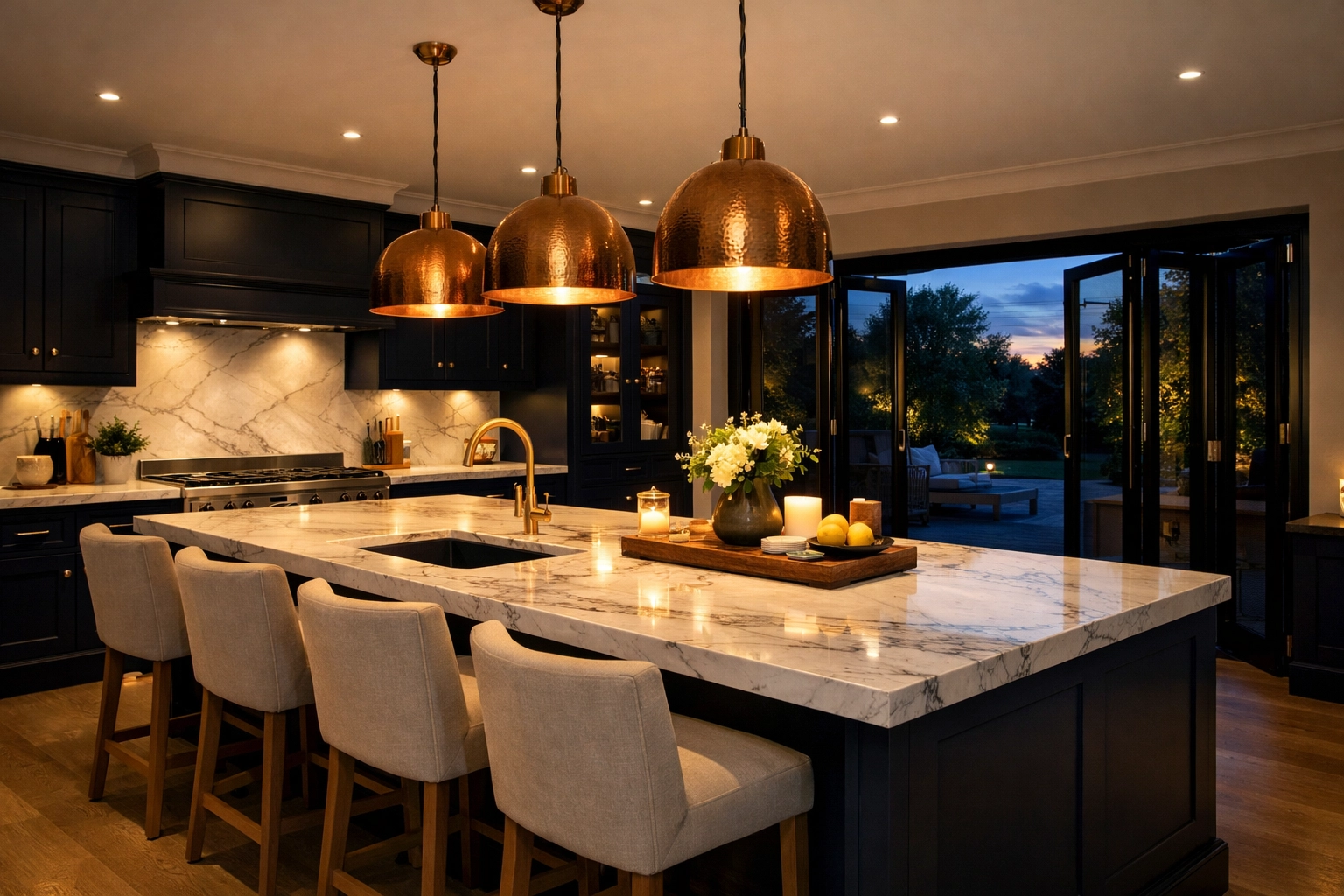 Modern open-plan kitchen renovation in West Sussex with navy cabinets and a marble island adding home value.