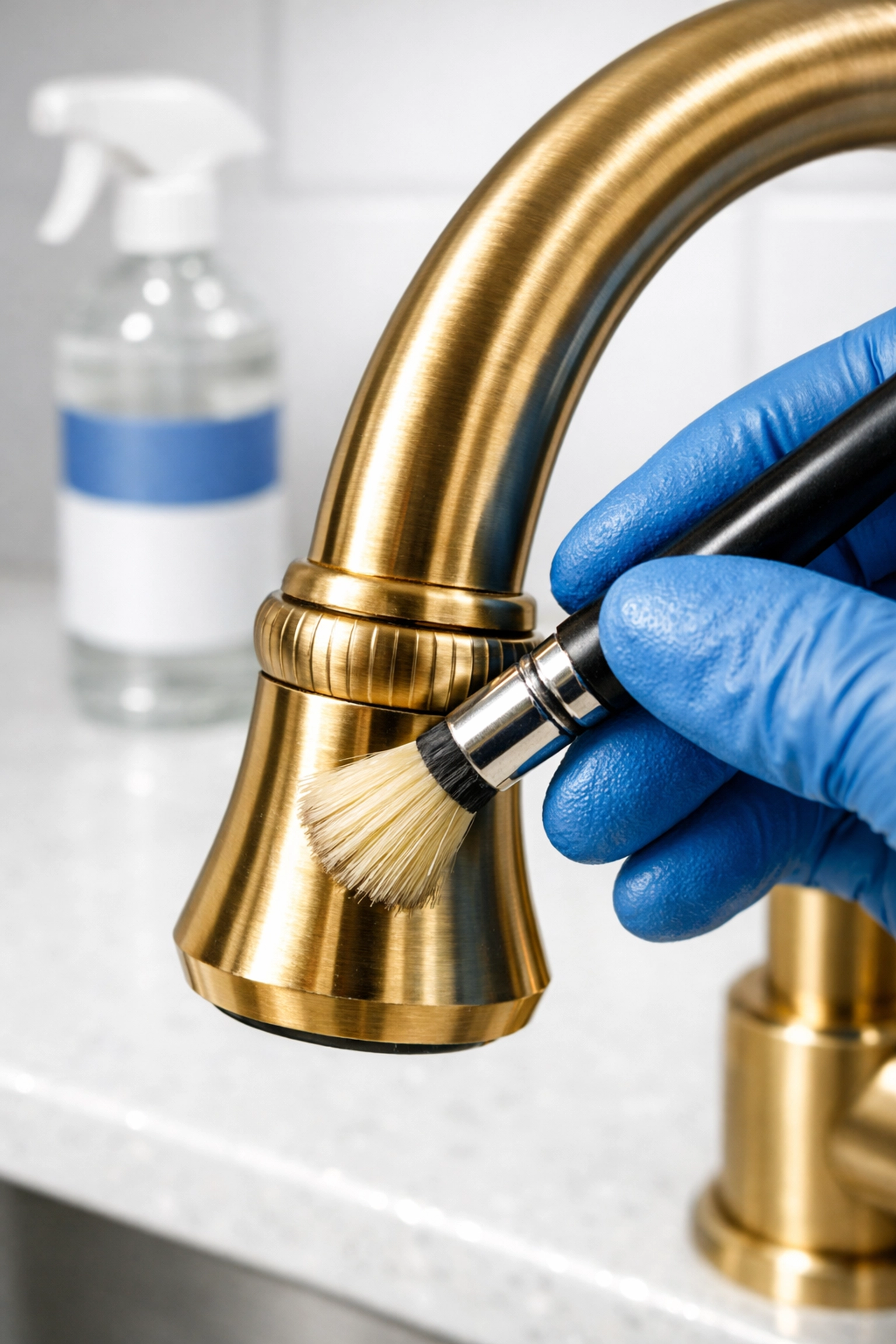 Detailed precision deep cleaning of a gold faucet as part of a residential cleaning Massachusetts service.