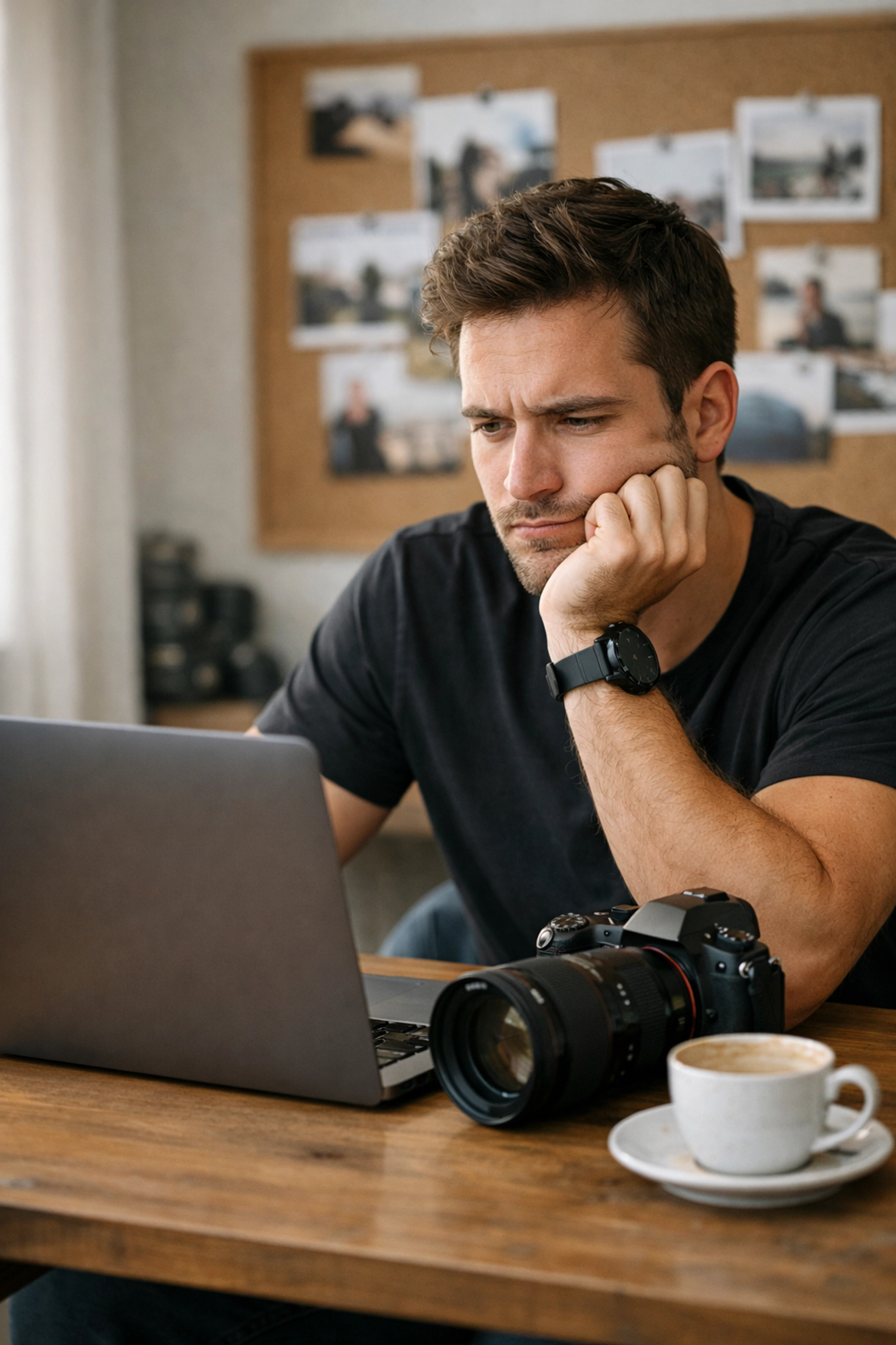 Struggling to Find New Clients? Why Everyone Is Talking About Proshoot.io 1 Professional photographer at a studio desk searching for ways to find new photography clients.