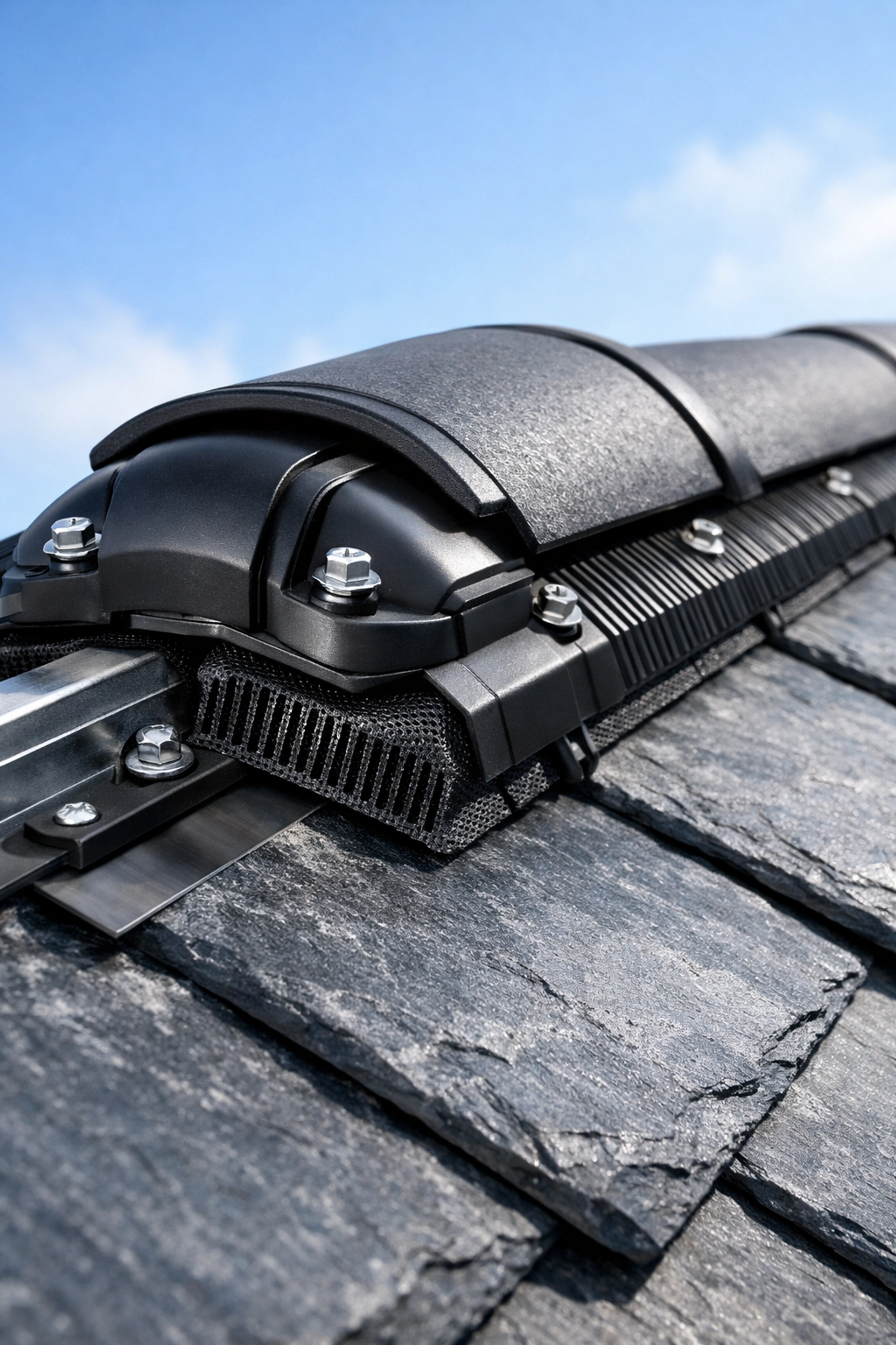 Close-up of a modern dry ridge system installation with mechanical fixings and ventilation strips on a slate roof.