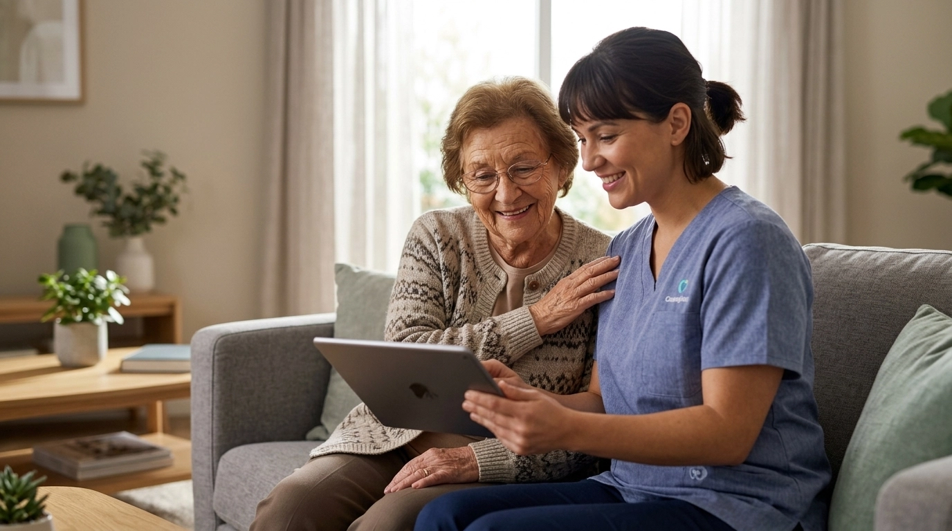 A professional caregiver and an elderly woman smiling together in a sunlit living room