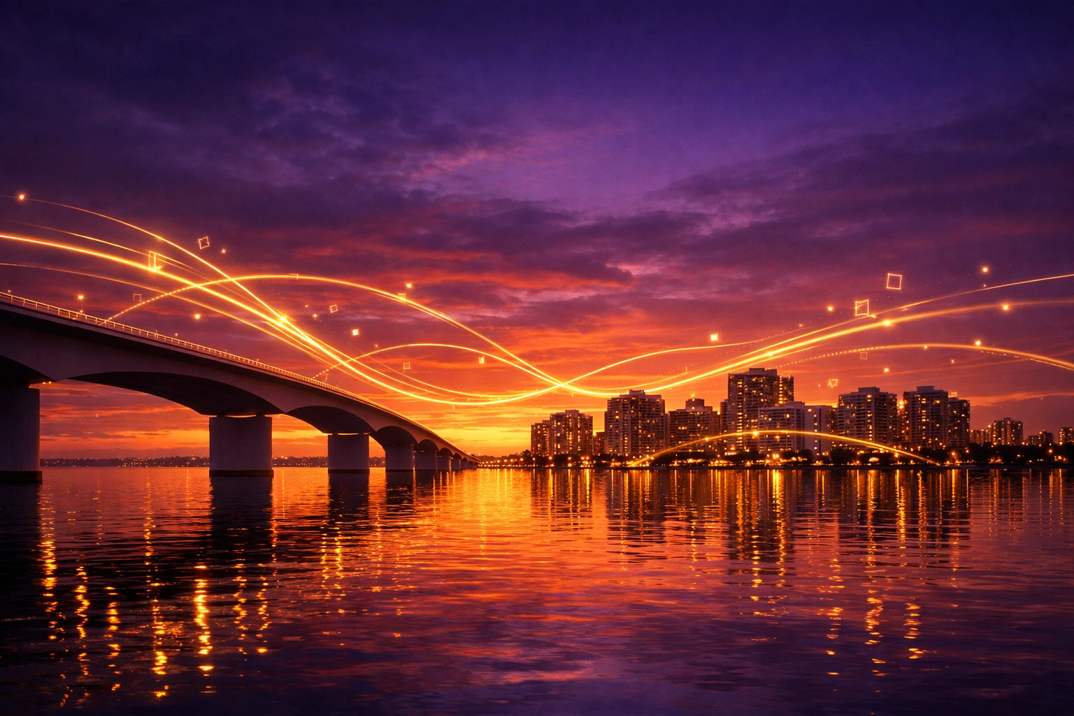 Digital data overlay of Sarasota bayfront symbolizing local business recommendations in AI search.