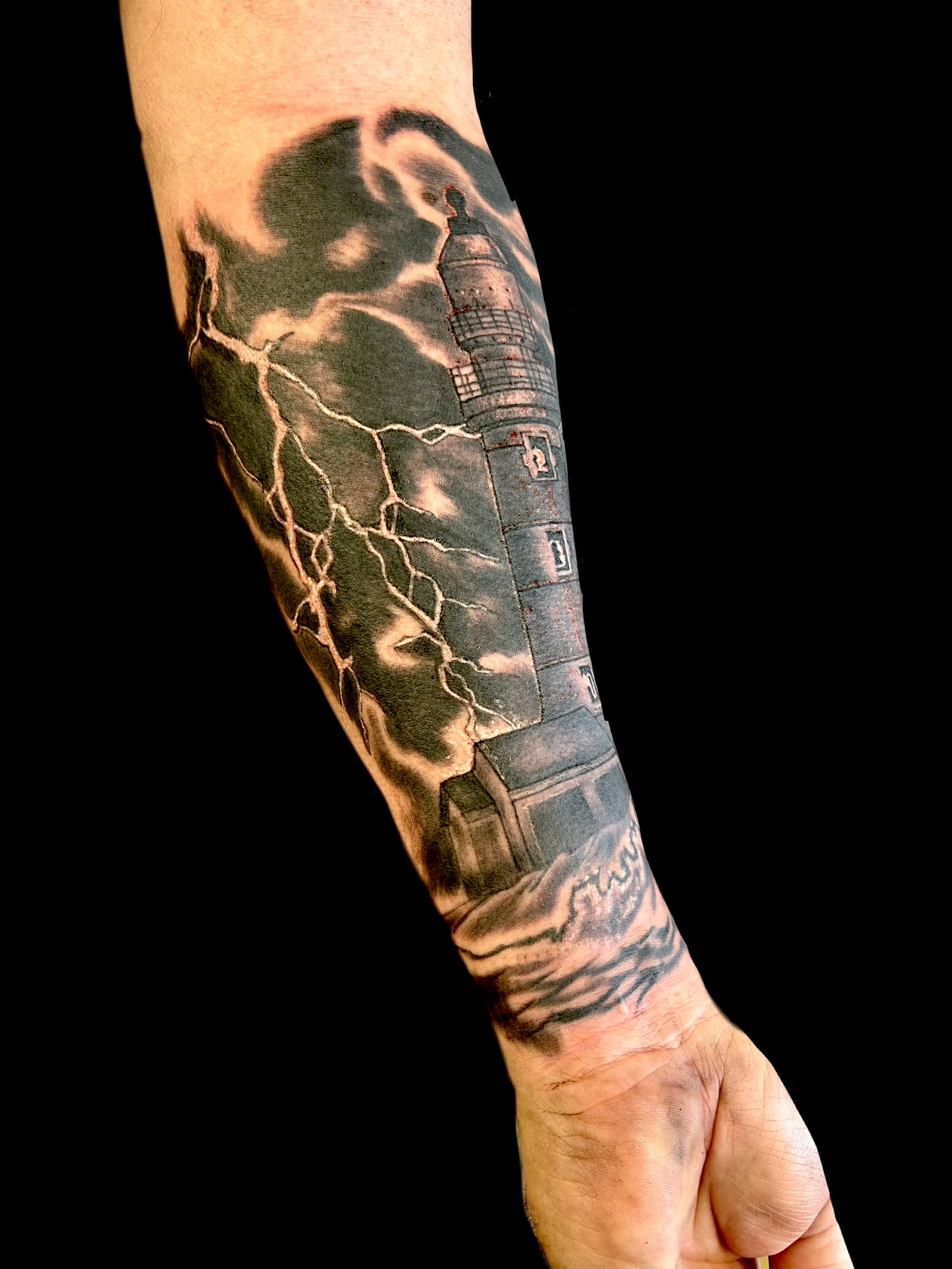 Black and Gray Lighthouse Storm Tattoo