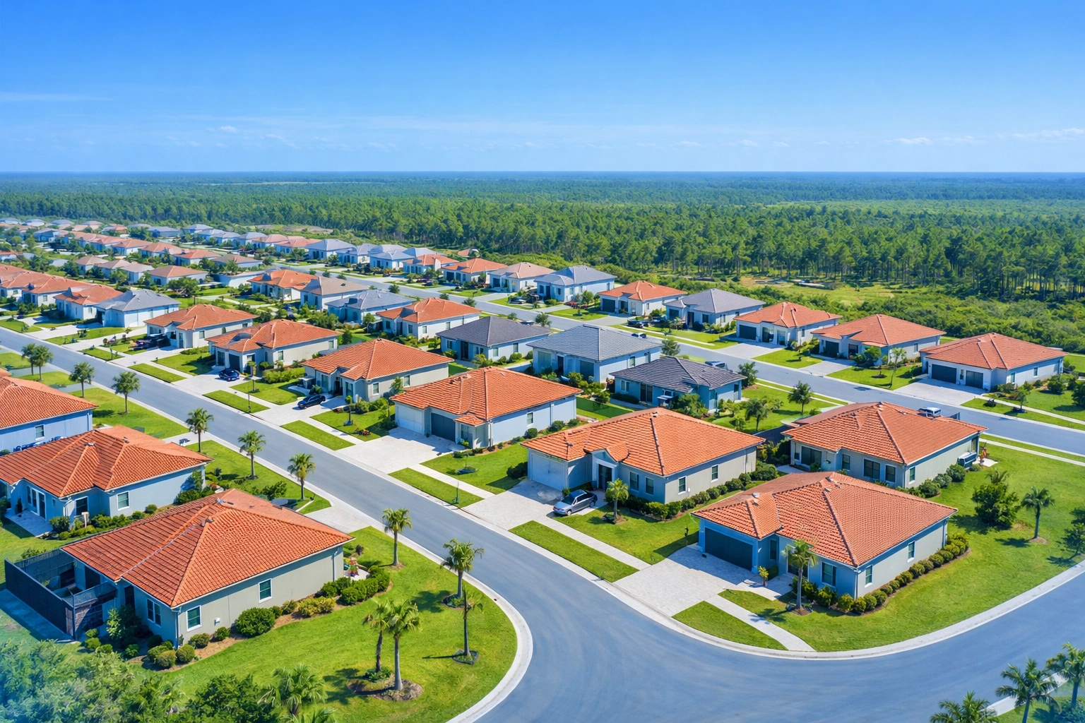 Aerial view of new residential homes in Lehigh Acres, Lee County, Florida growth corridor