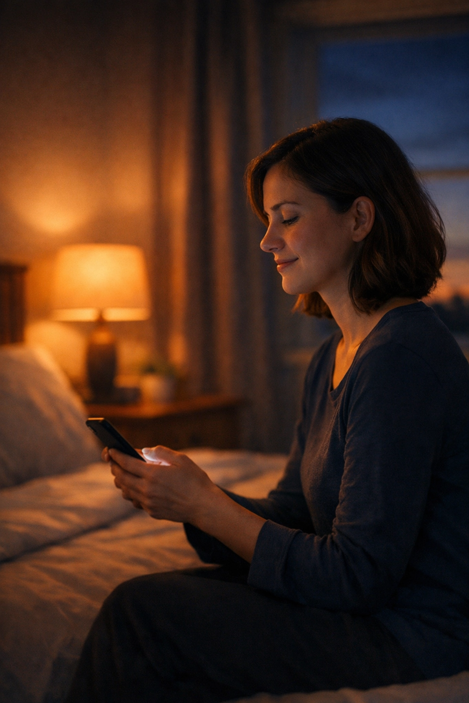 Person reading news calmly on smartphone in bedroom before sleep with peaceful evening routine