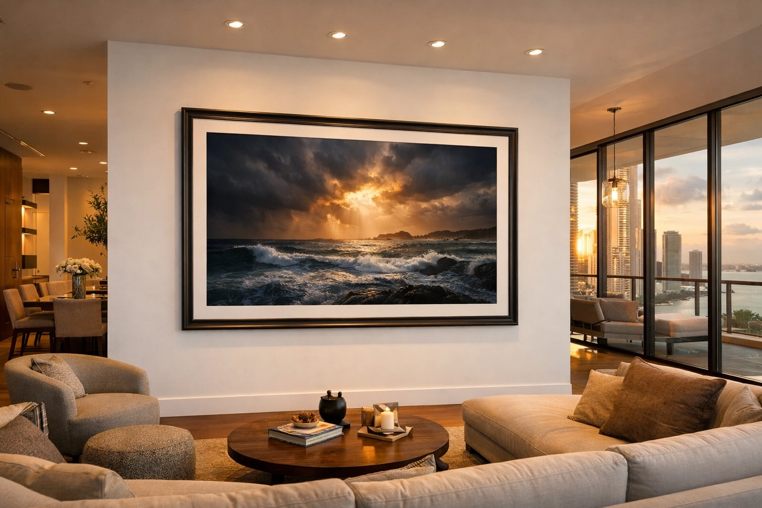 Large limited edition photography prints displayed in a modern luxury penthouse in Miami.