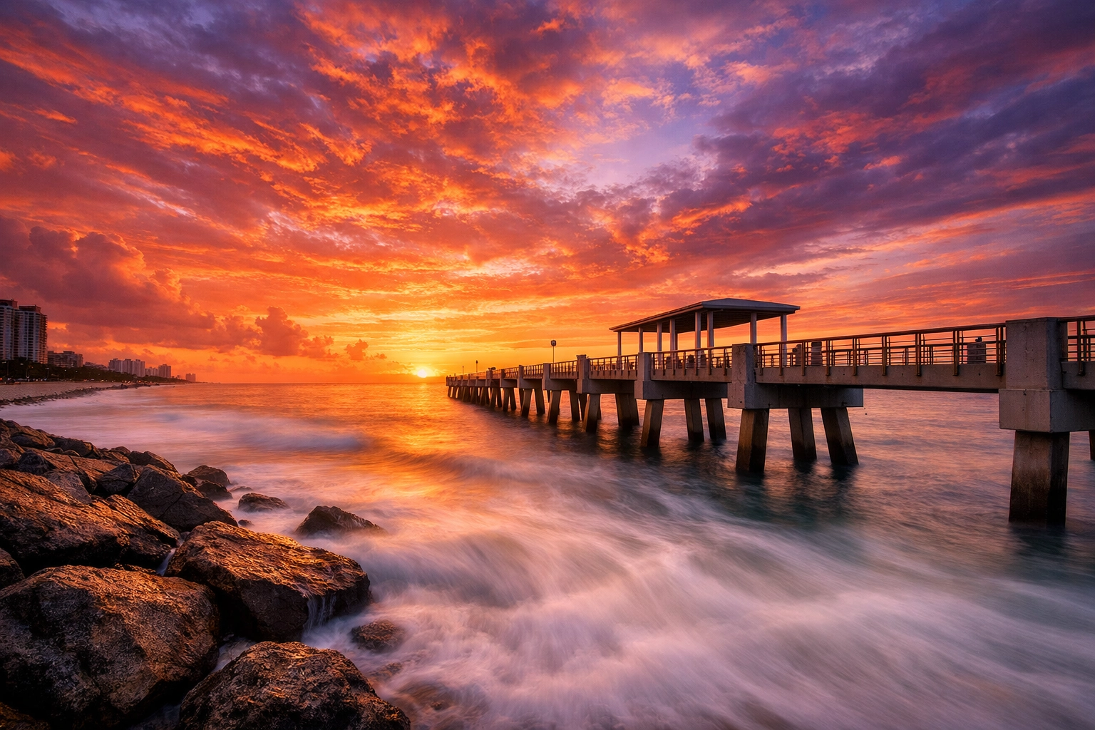 Fine art landscape photography of South Pointe Park Pier at sunrise with vibrant tropical colors.