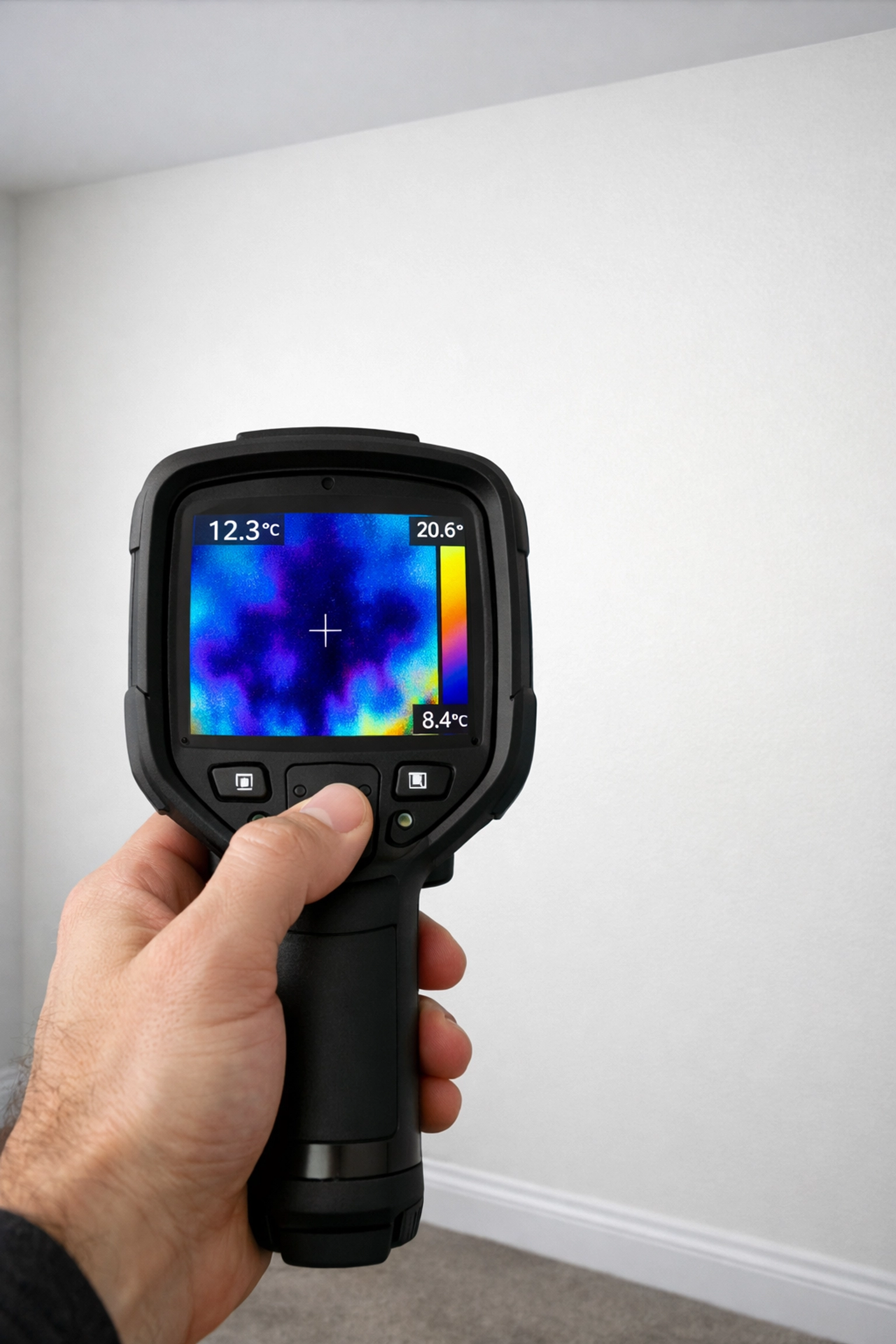 Using a thermal camera to detect hidden moisture for professional mold remediation.