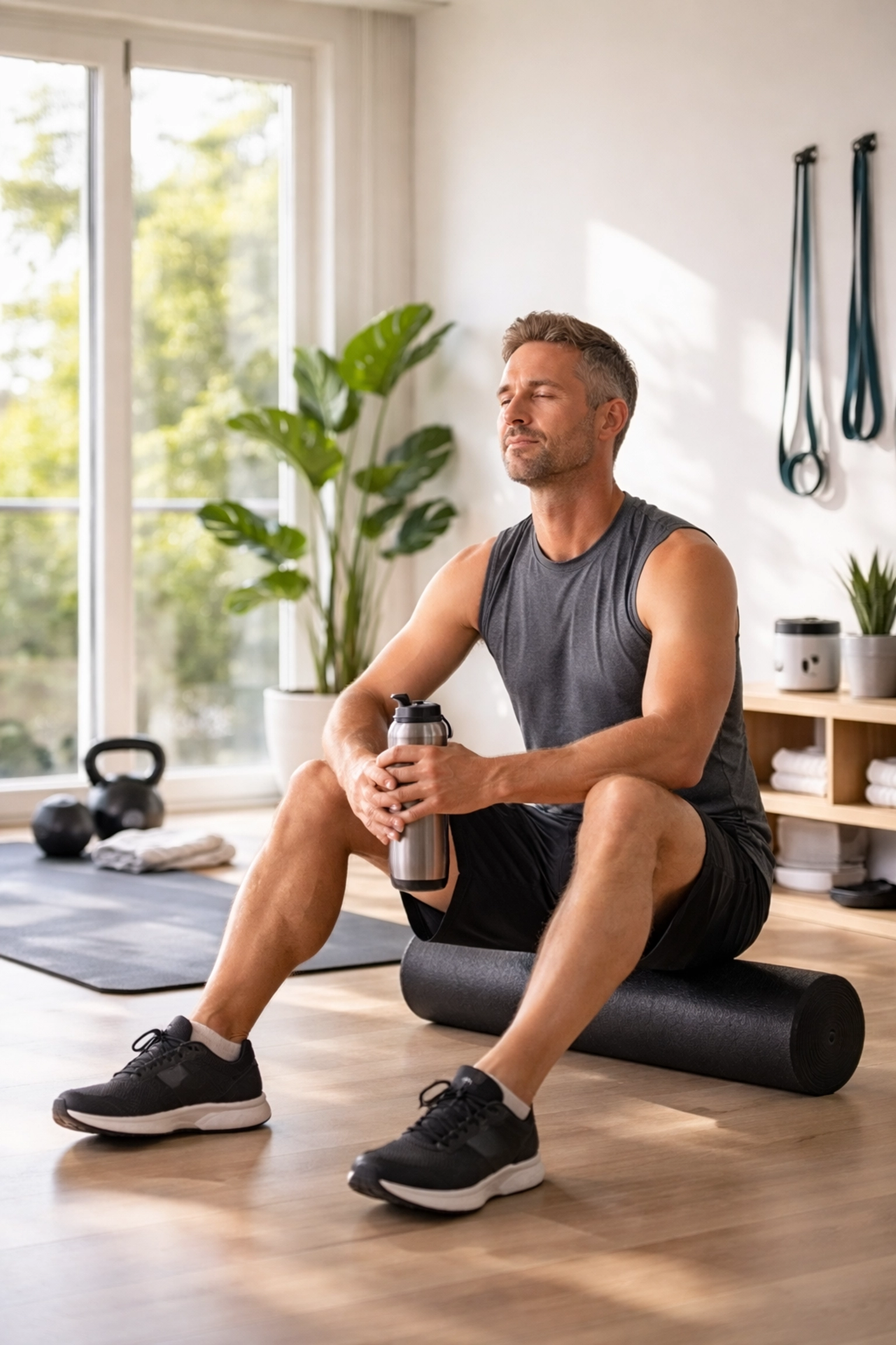 Homme prenant une pause récupératrice sur un rouleau de massage dans une salle de sport maison ensoleillée