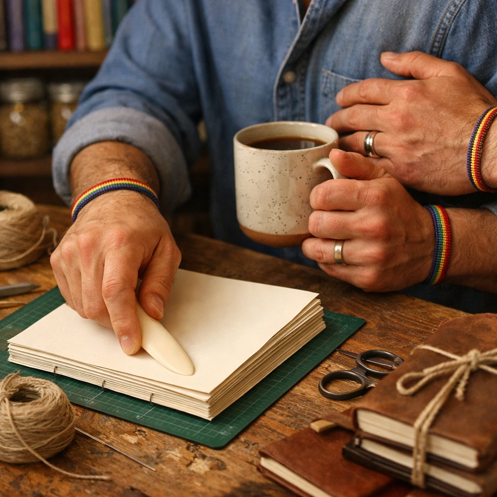 A gay couple using a bone folder to hand-bind a custom journal together at a wooden workbench.