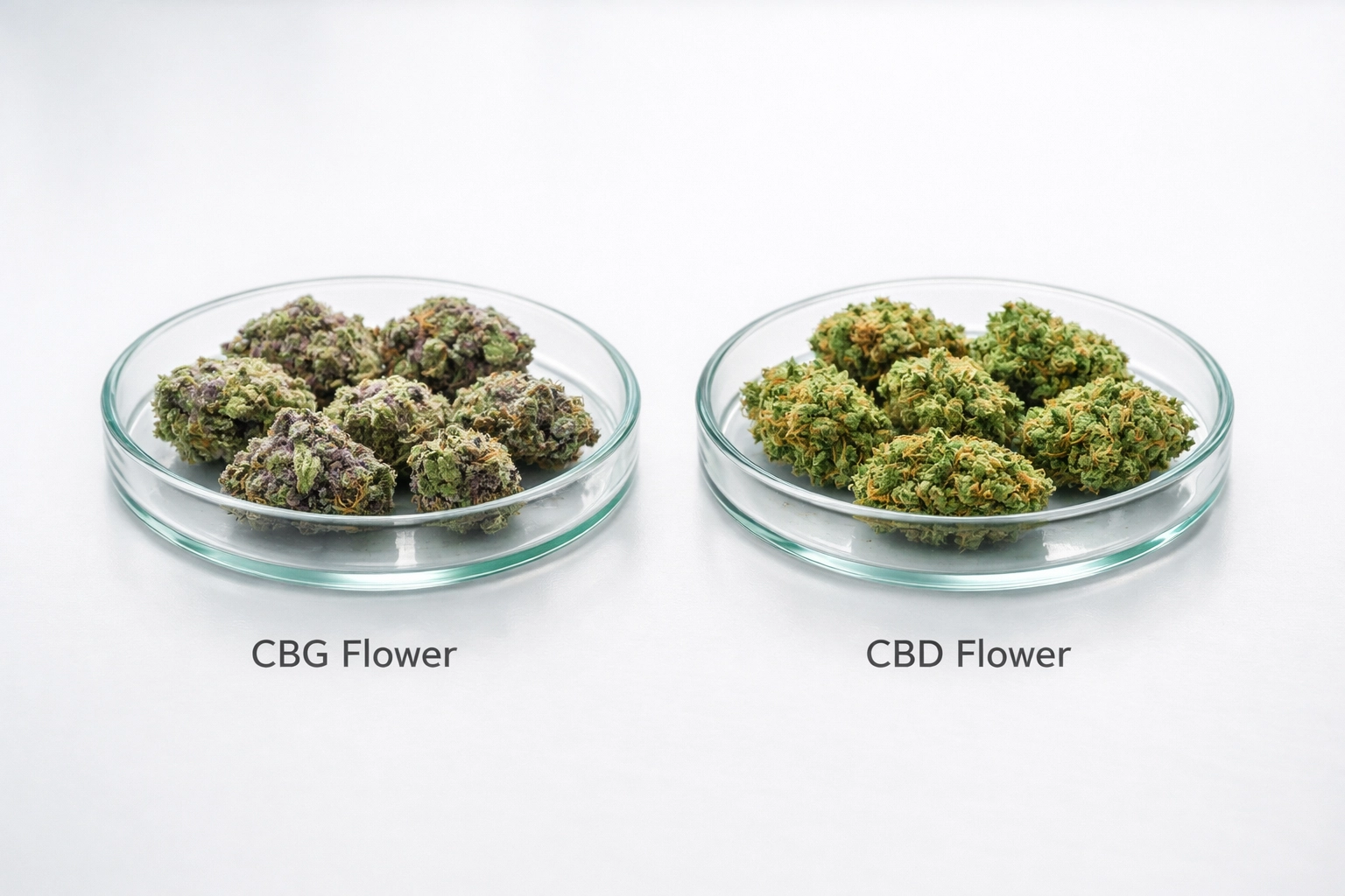 Vergleich von CBG und CBD Blüten in Laborschalen zeigt visuelle Unterschiede der Cannabinoide