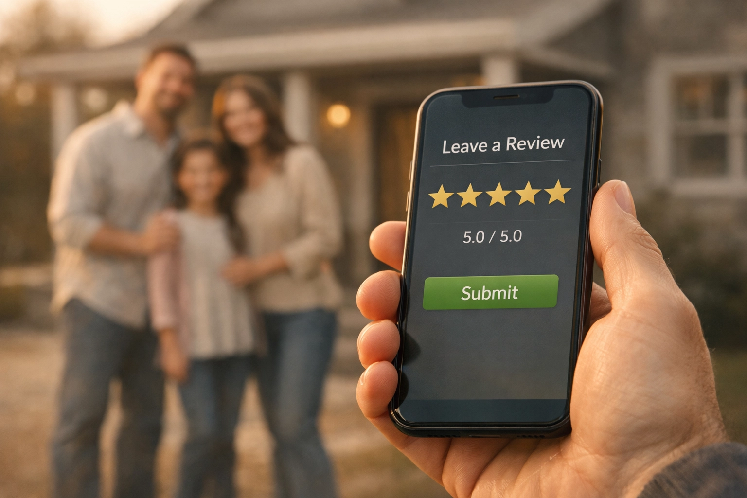 Customer leaving 5-star review for moving company on smartphone