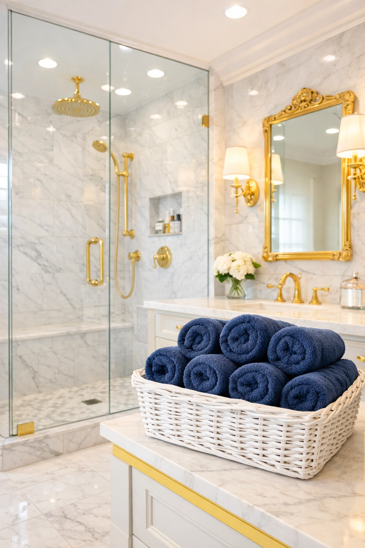 Sparkling luxury marble bathroom sanitized by a high-quality Last Minute Cleaning Boston service provider.