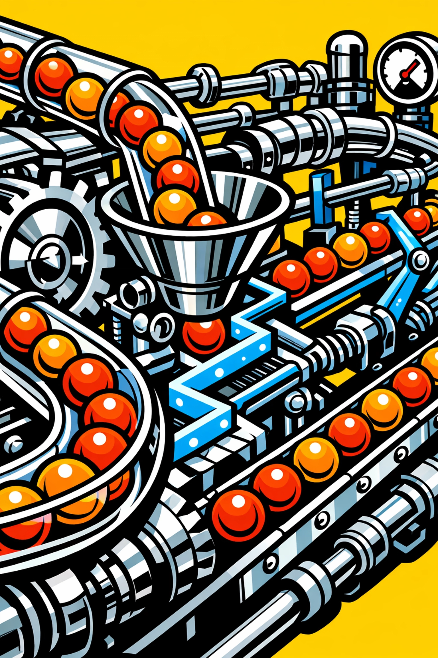 A colorful mechanical machine representing an efficient, automated business workflow process.