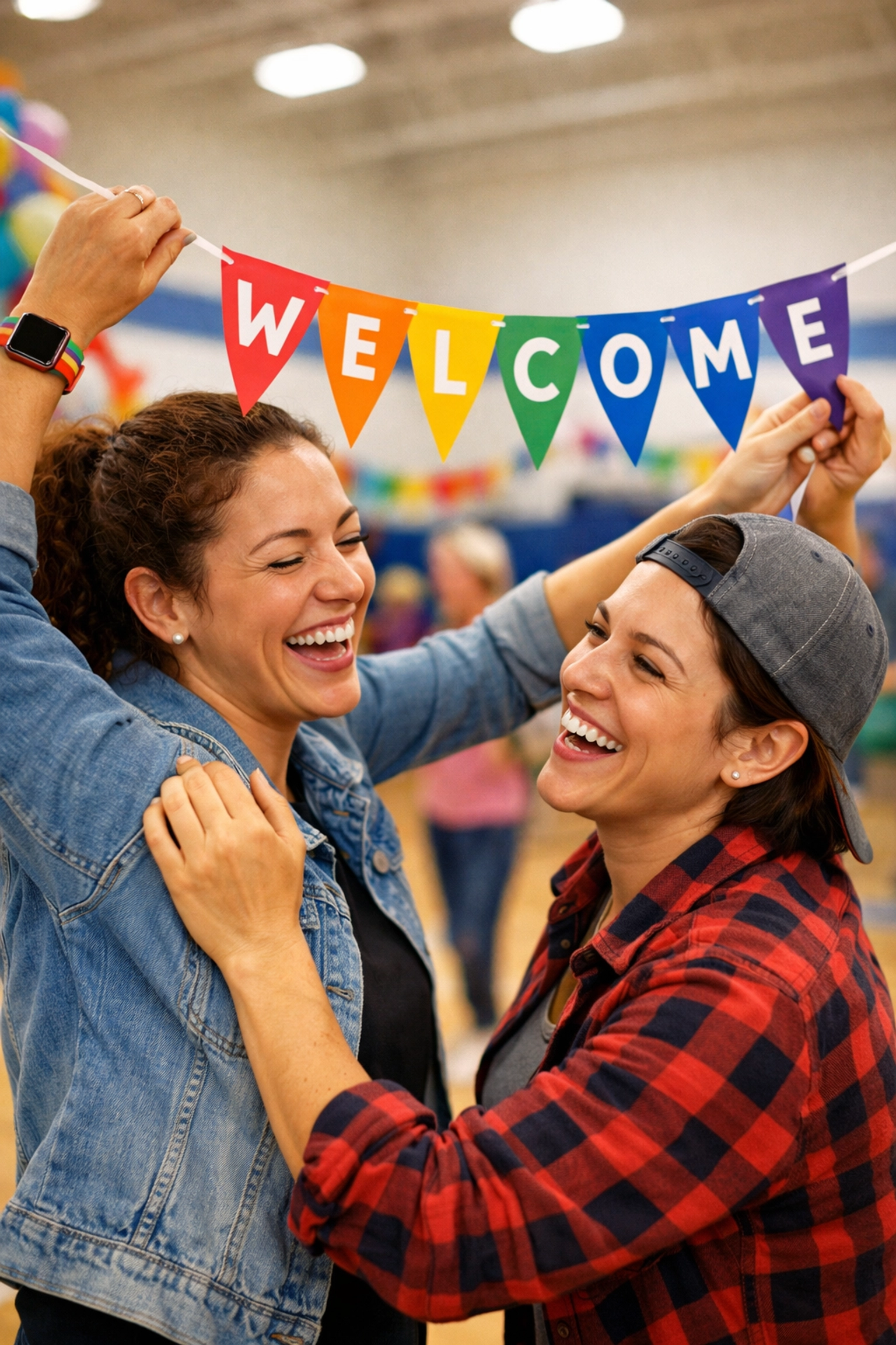 Two lesbian mothers active in the school PTA, volunteering together in a decorated gymnasium.