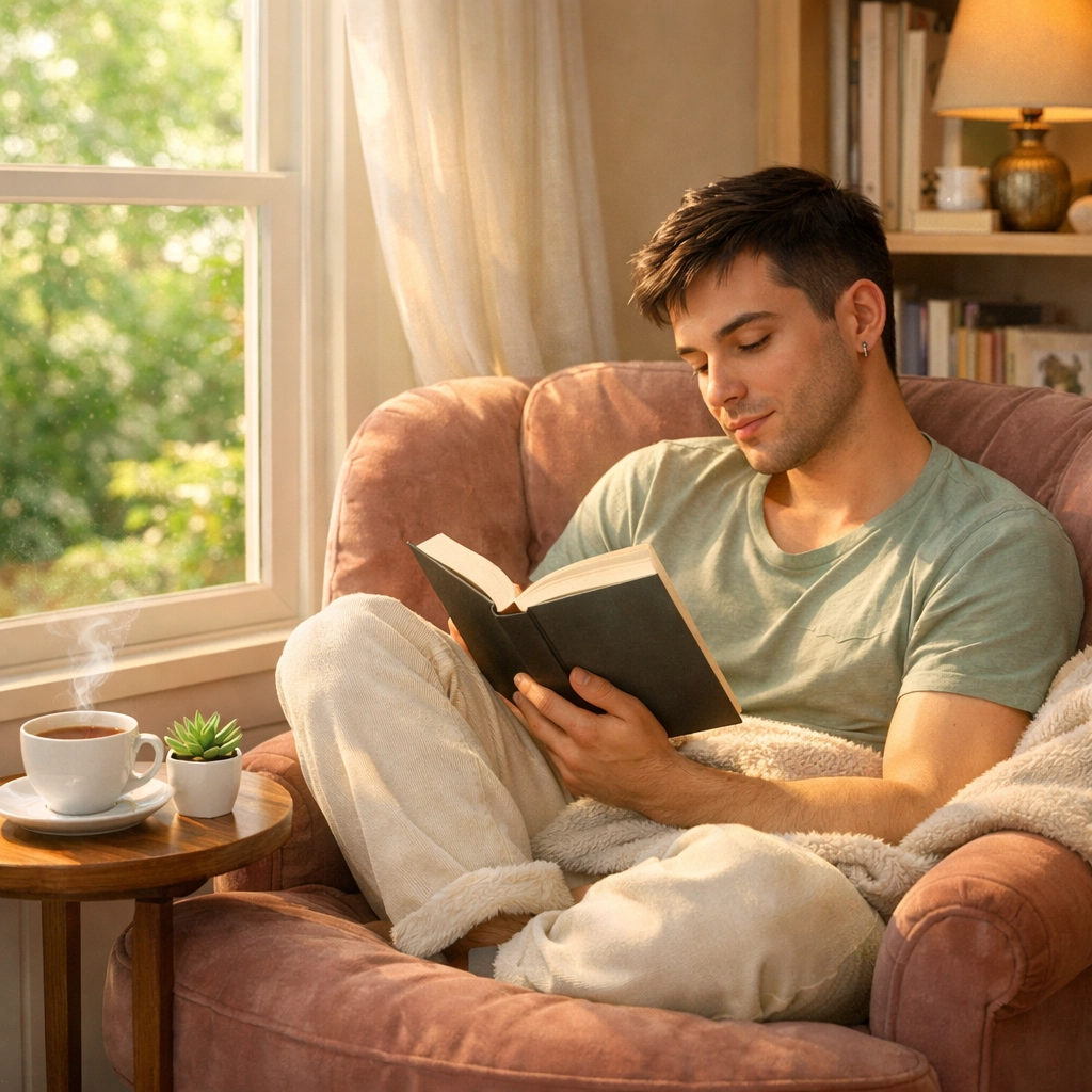 A man reading a queer fiction book in a cozy sunlit room, highlighting LGBTQ+ mental health and healing.