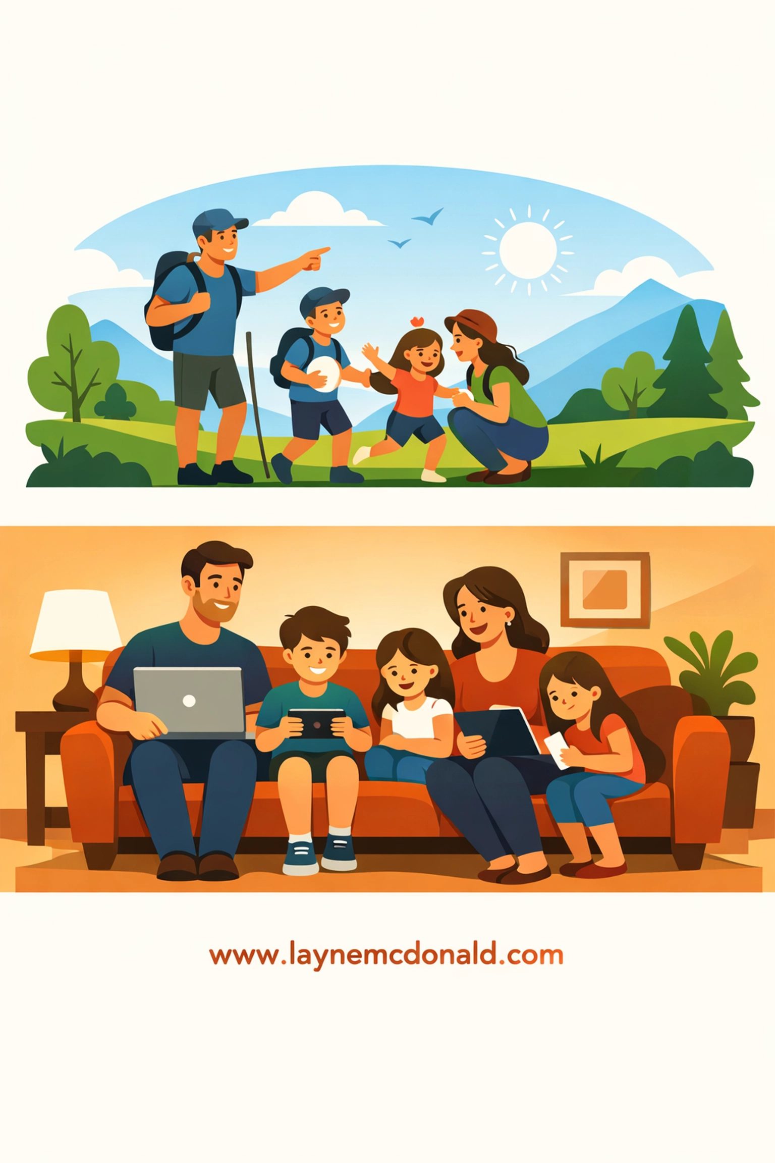 Family balancing outdoor activities and responsible technology use together