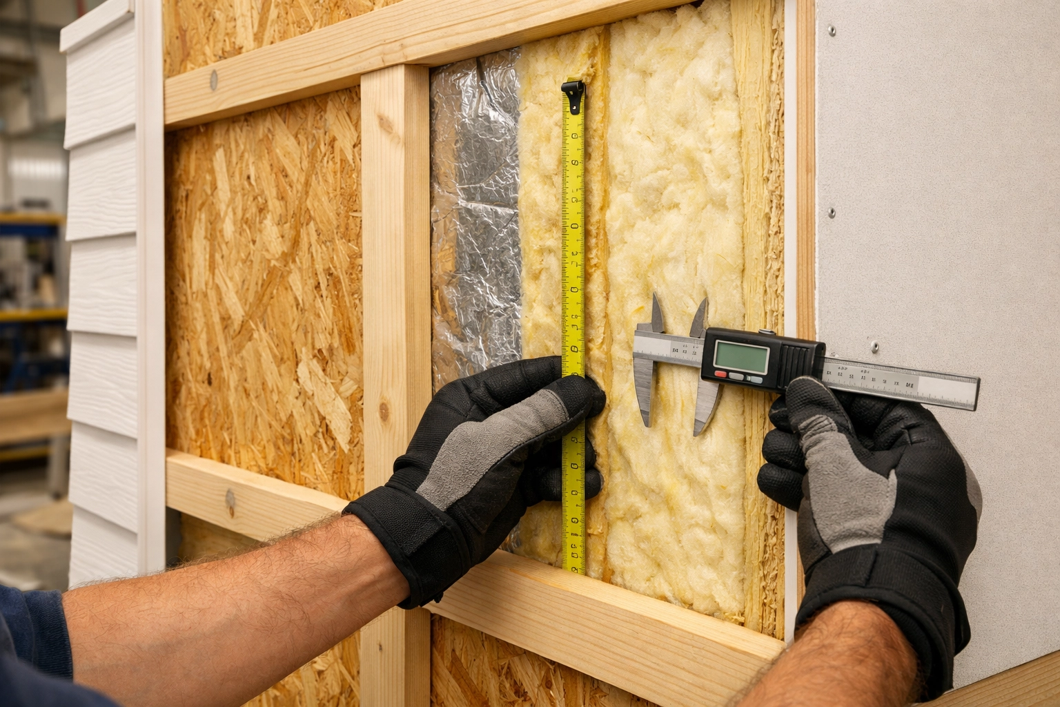 Close-up of energy-efficient insulation layers in modular home wall construction