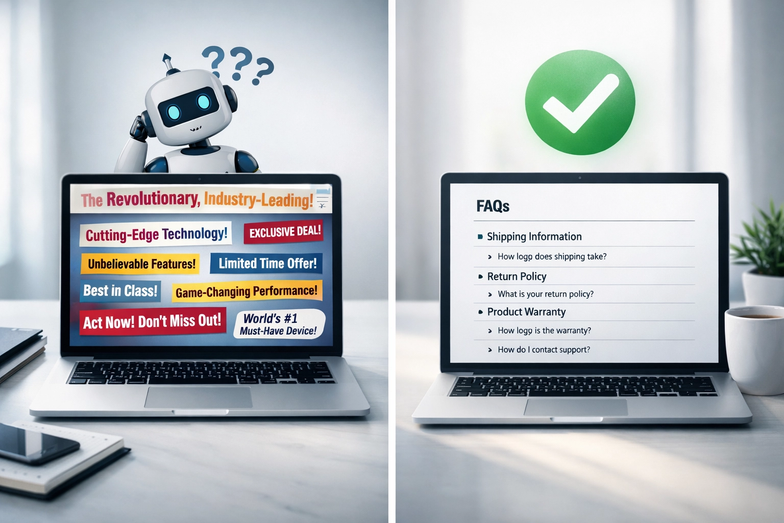 Comparison of marketing-heavy content versus clear FAQ structure for AI visibility