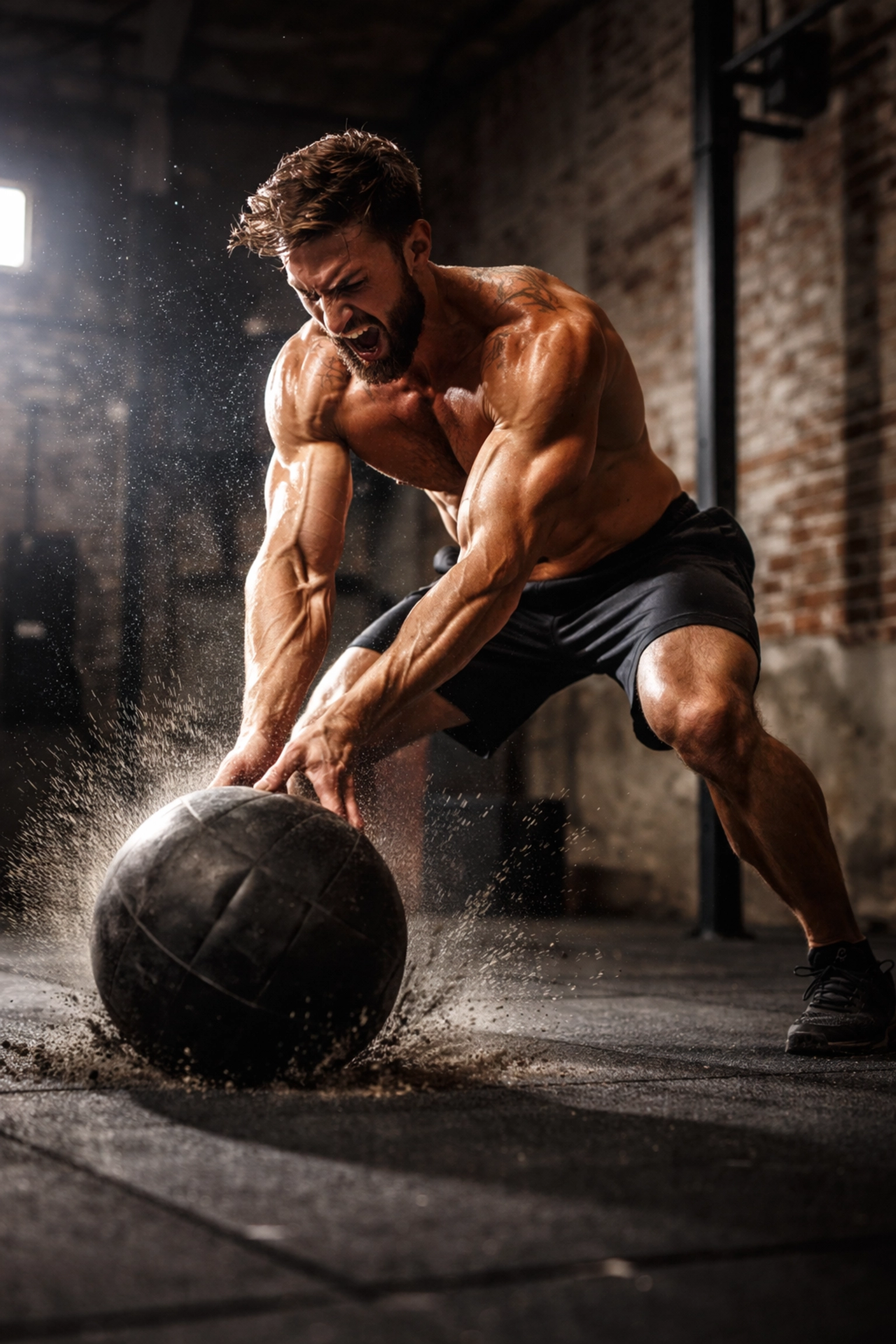 CrossFit athlete slamming a heavy slam ball in a garage gym for an explosive full body workout at home