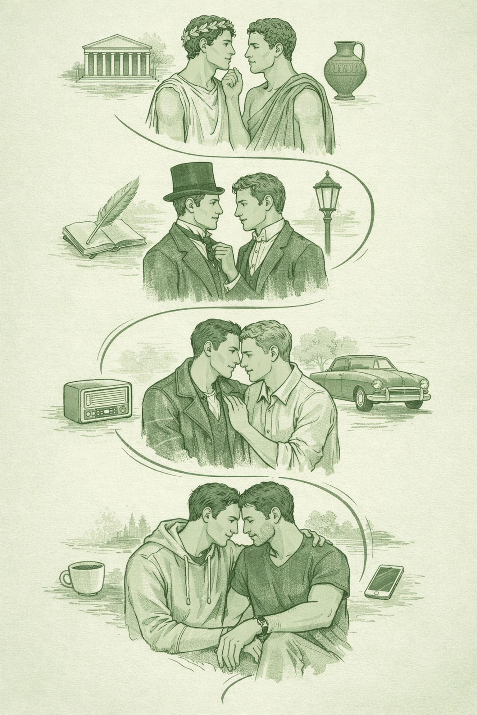 Historical timeline of male couples from ancient Greece to modern day showing evolution of paid companionship