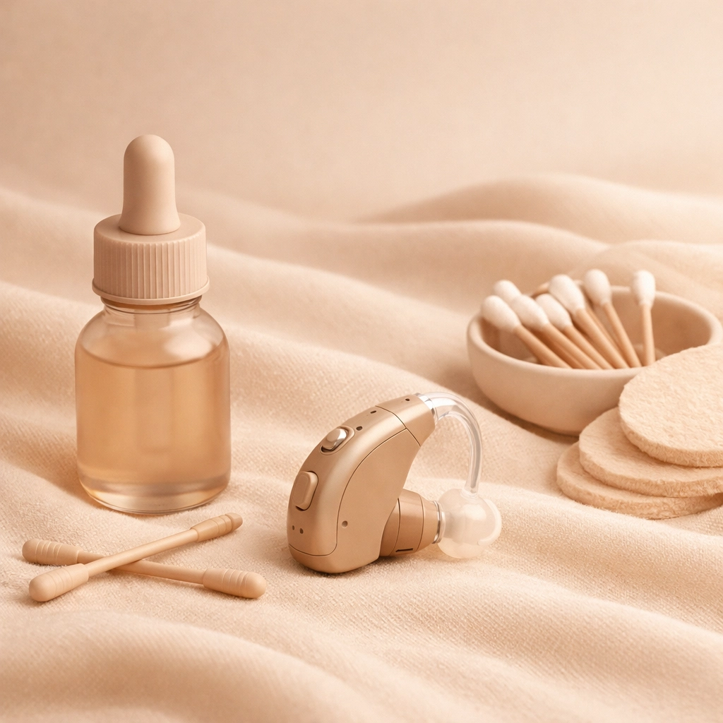Hearing aid and wax softening drops used for ear health and hearing aid maintenance.