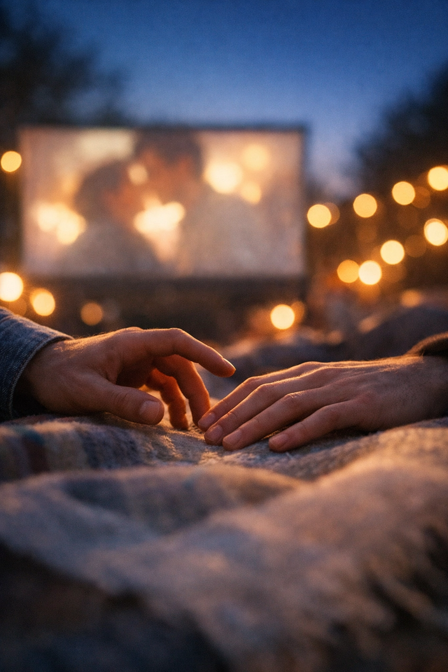 Two men's hands almost touching during movie night illustrating friends to lovers romantic tension