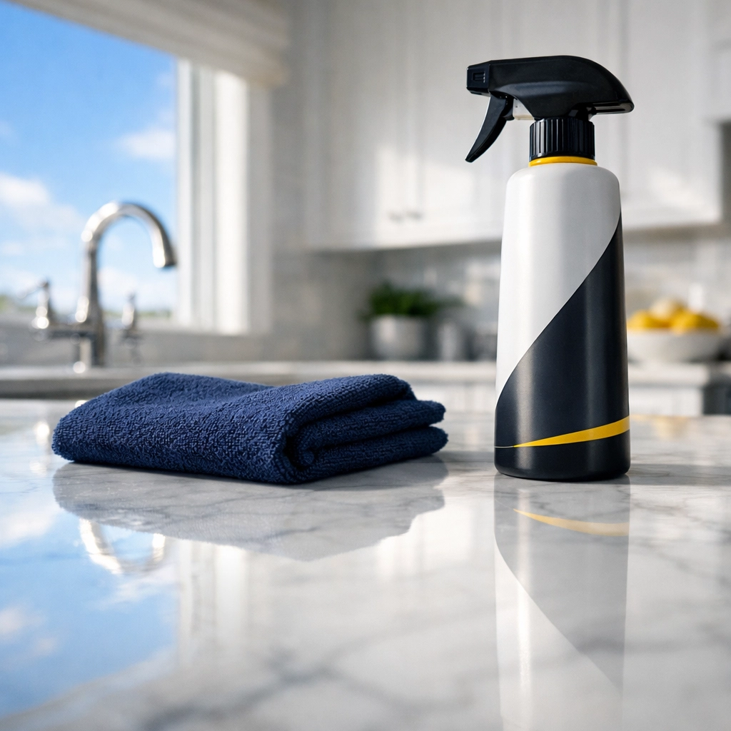 Luxury house cleaning in Marblehead featuring a pristine and polished white marble kitchen countertop.