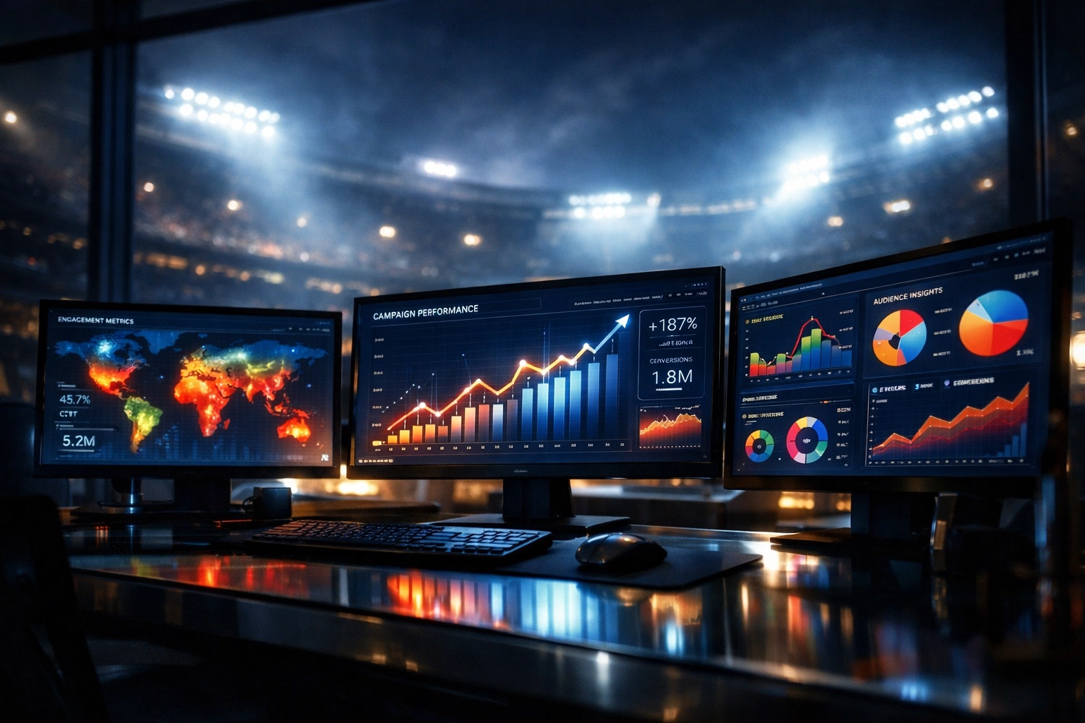 Digital marketing command center tracking brand awareness and data visualizations for Super Bowl ROI analysis.