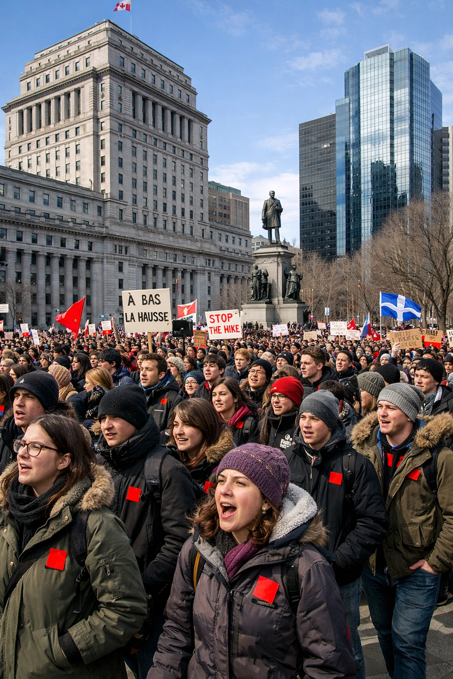 Crowd of Montreal students with red square protest pins gathering at Dorchester Square against education cuts.