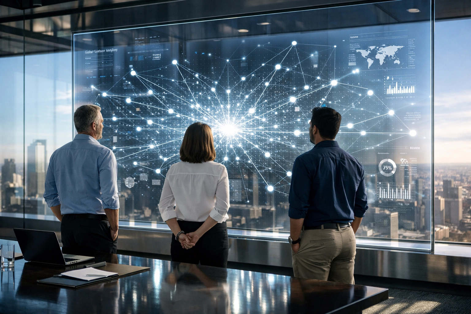 Marketing executives analyzing digital network amplification and ROI for a Super Bowl campaign.