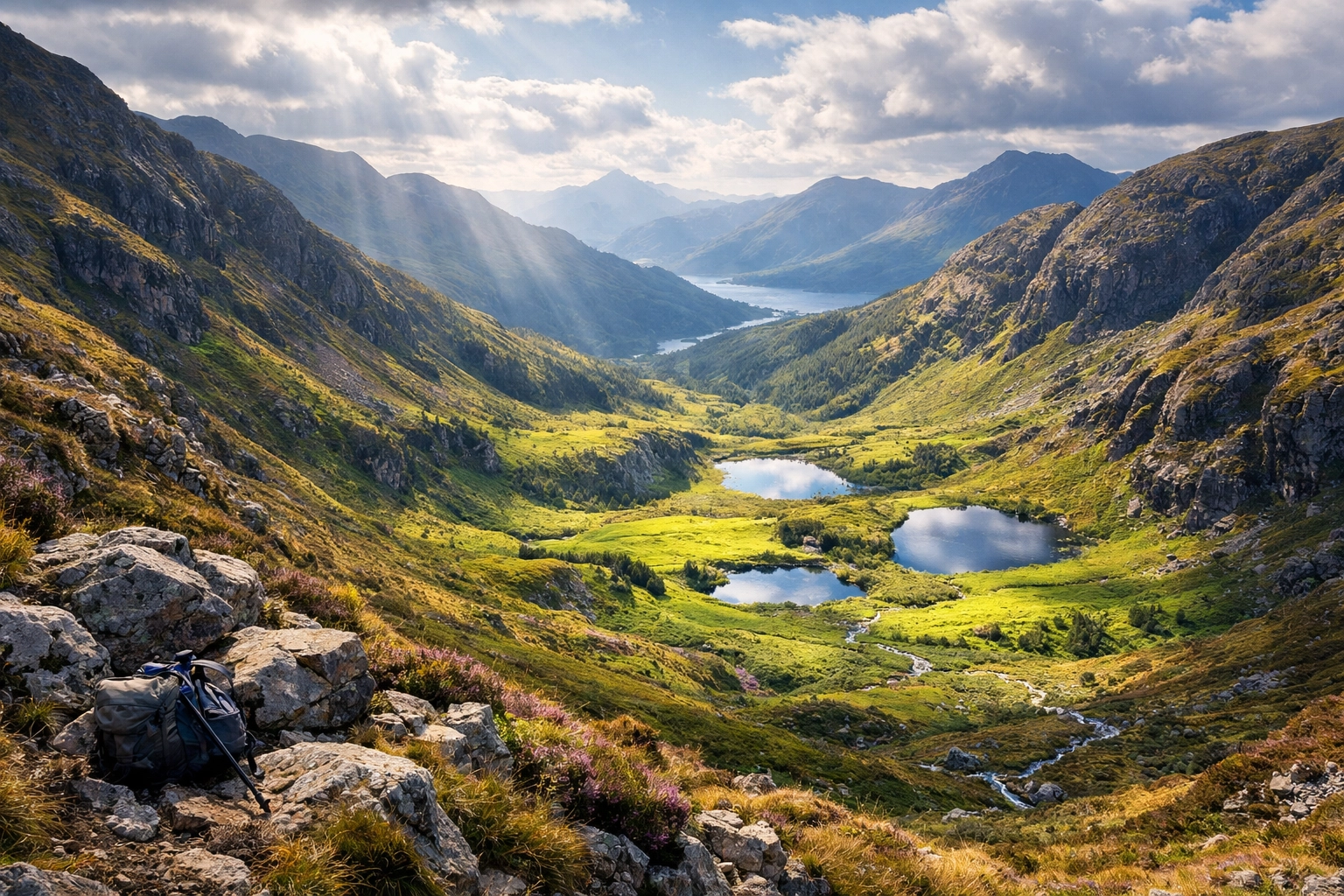 Scenic view of flat green plateaus in the Scottish Highlands perfect for a camping adventure UK pitch.