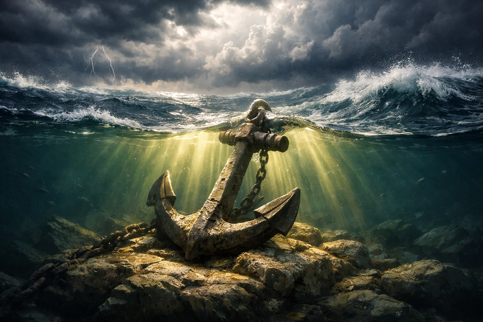 Ancient anchor firmly grounded underwater during storm, symbolizing faith stability in chaos