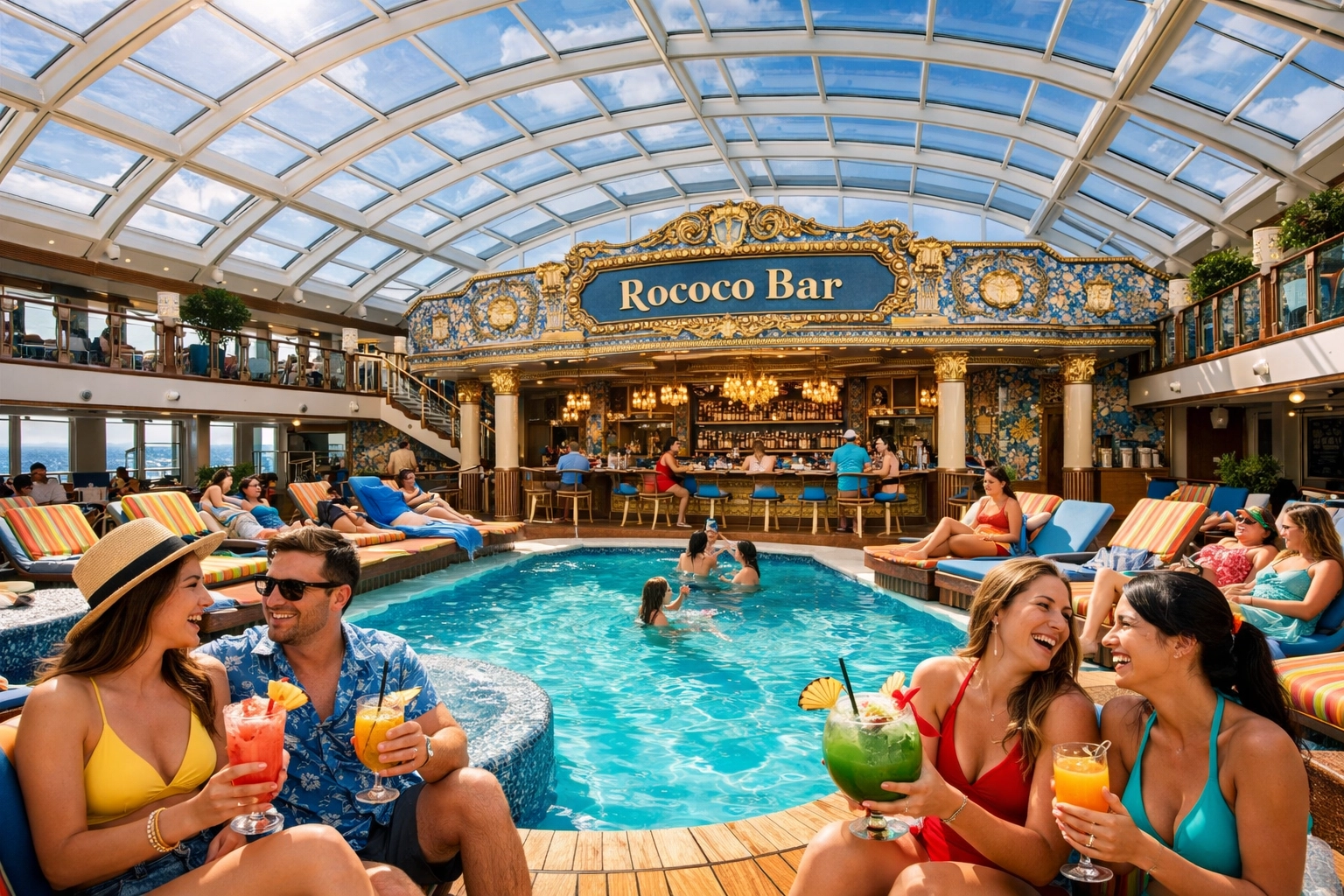 The Carnival Firenze Lido deck pool area featuring its signature retractable glass roof and Rococo Bar.