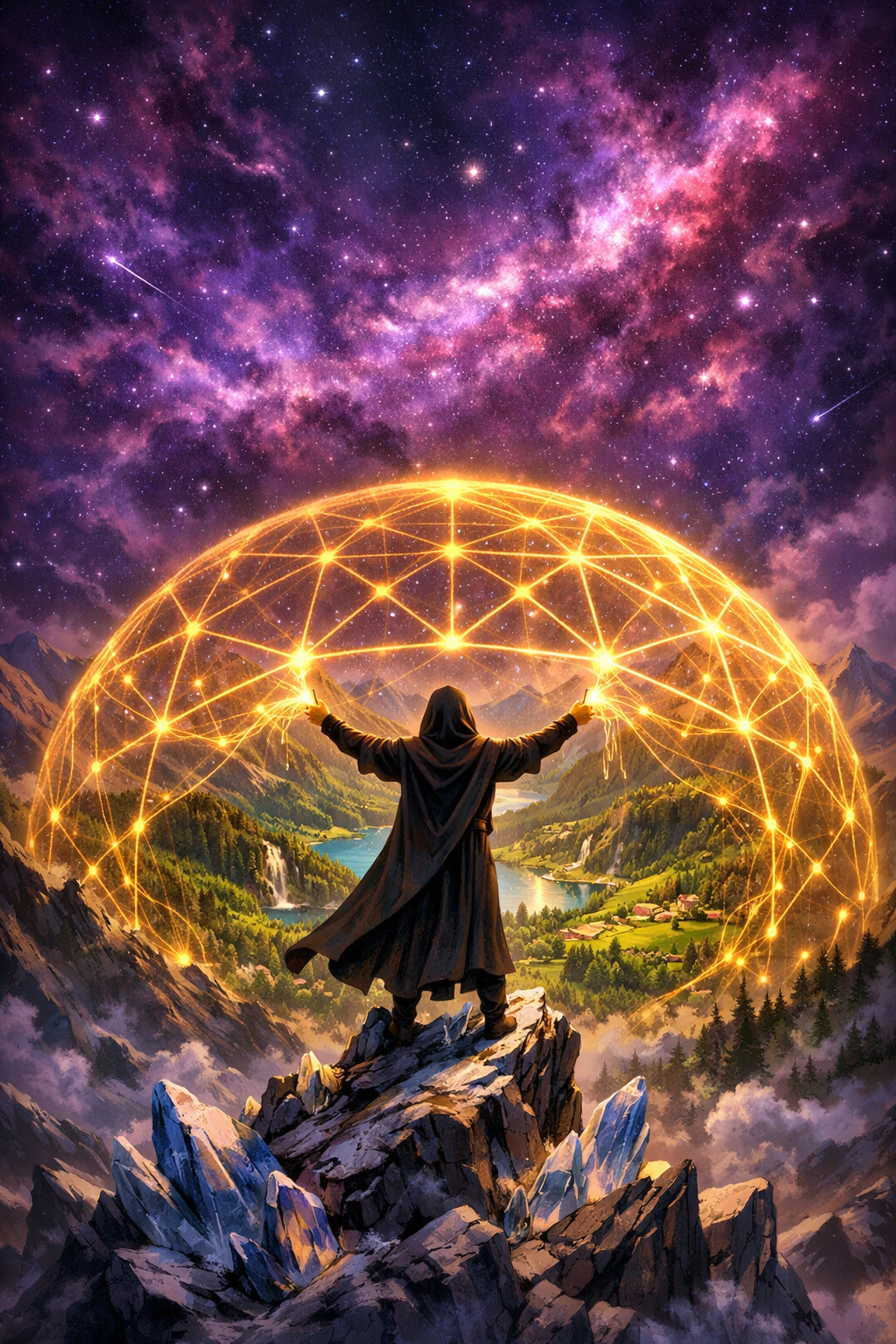 A person on a mountain peak creating a protective dome, illustrating private sector wealth architecture.