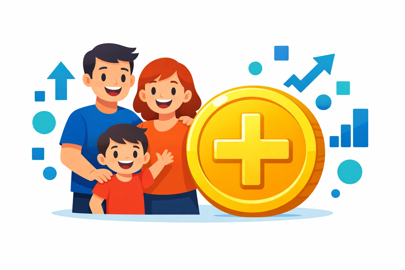 Happy family with a tax credit coin symbolizing the Child Tax Credit to help maximize tax refund totals.