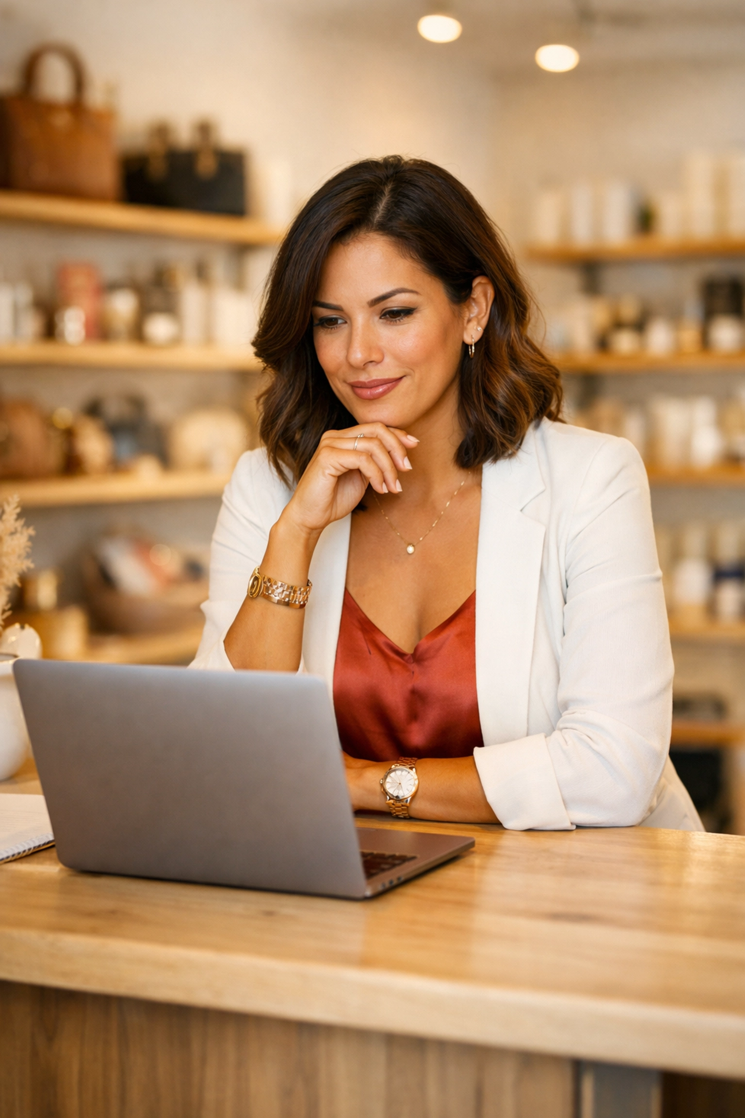 Small business owner in a modern shop reviewing QBI deduction eligibility on a laptop.