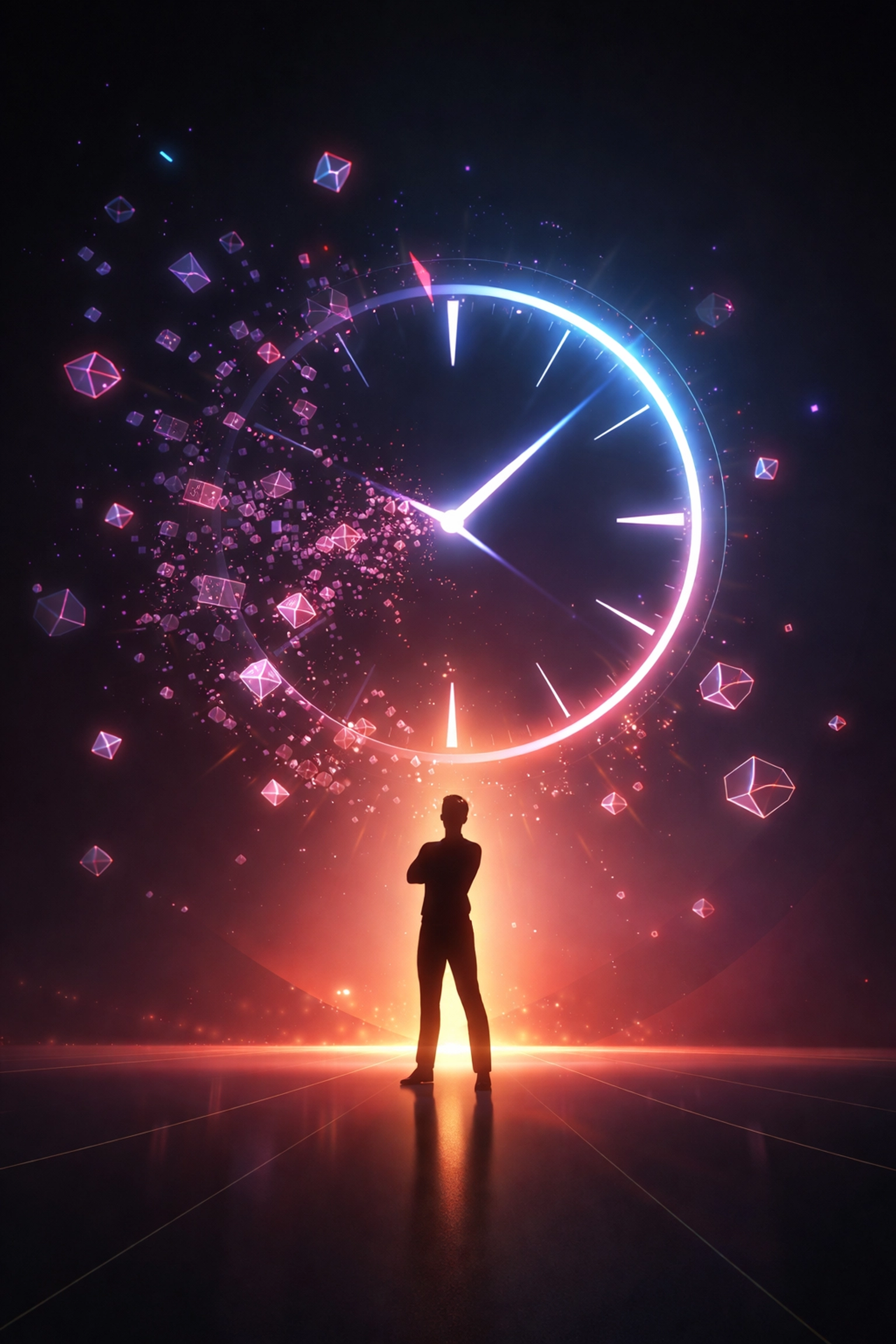 Empowering business owner reclaiming time with futuristic clock, illustrating automation saving hours each week