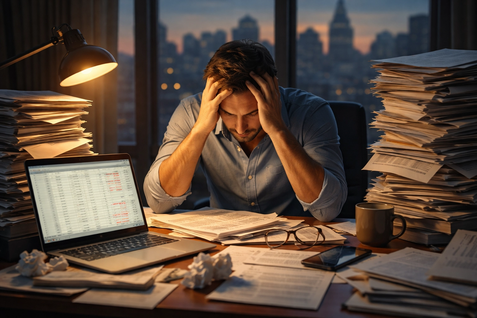 Frustrated founder at cluttered desk overwhelmed by costly traditional PR services and complex processes.