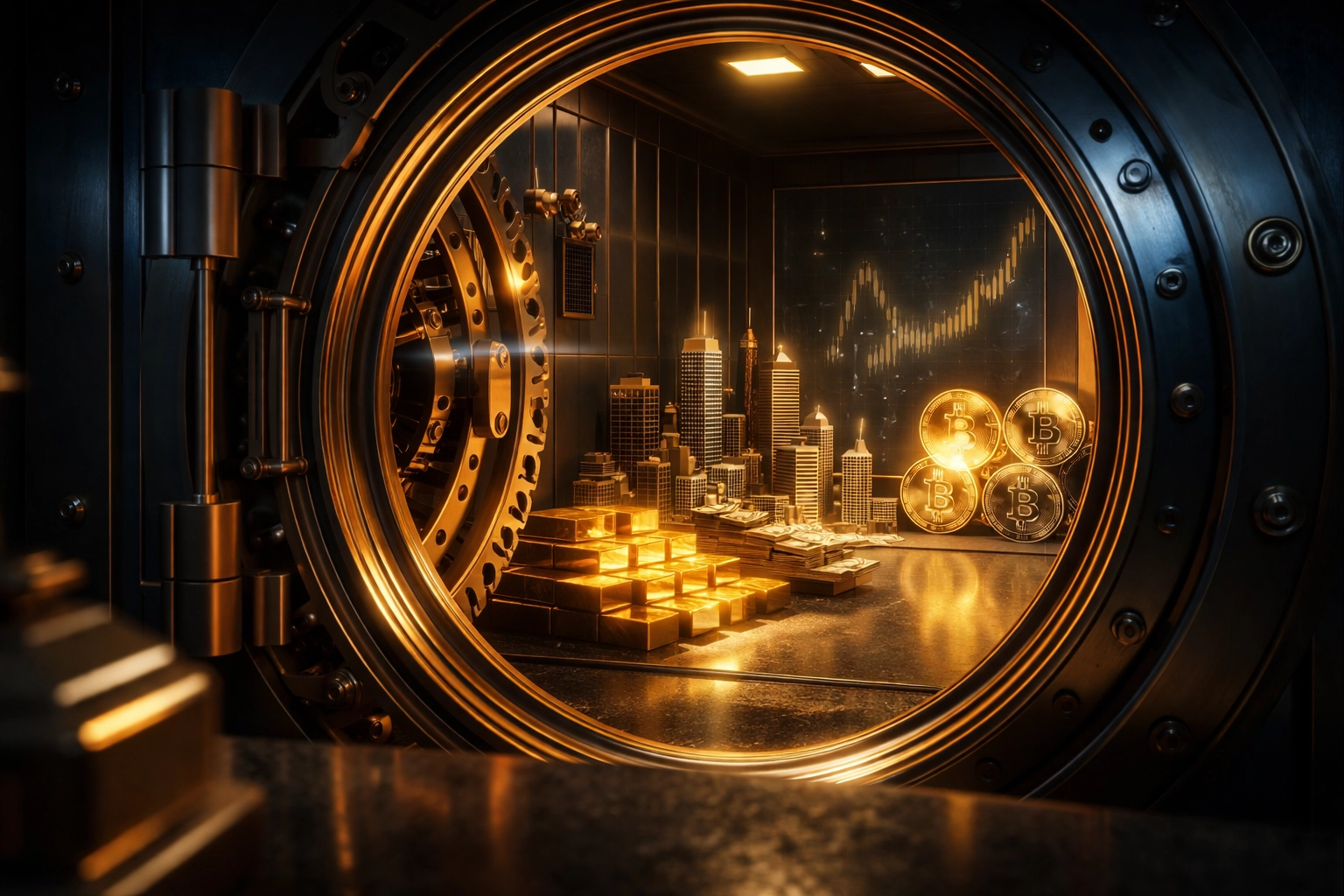 A private vault door opens to reveal gold bars, digital coins, and real estate, symbolizing exclusive alternative investments.