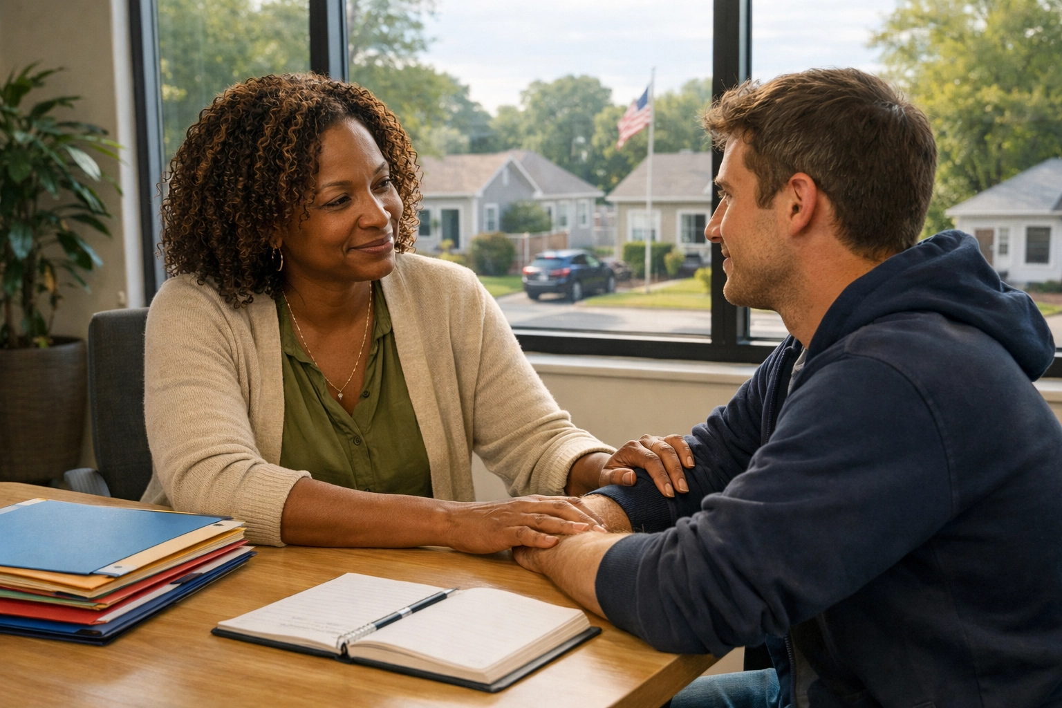 A supportive meeting for community emergency assistance in NJ, helping local families rebuild with confidence.