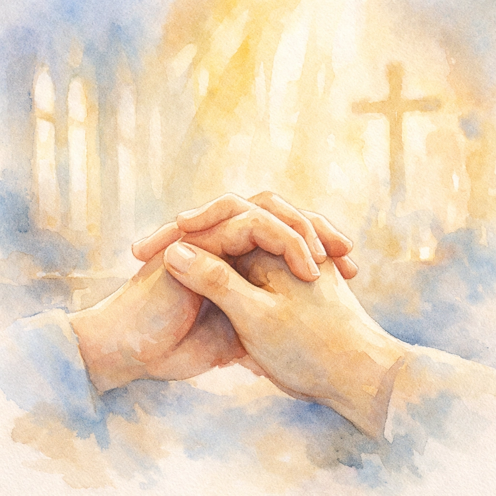 Two hands clasped together during Sunday worship service showing spiritual connection