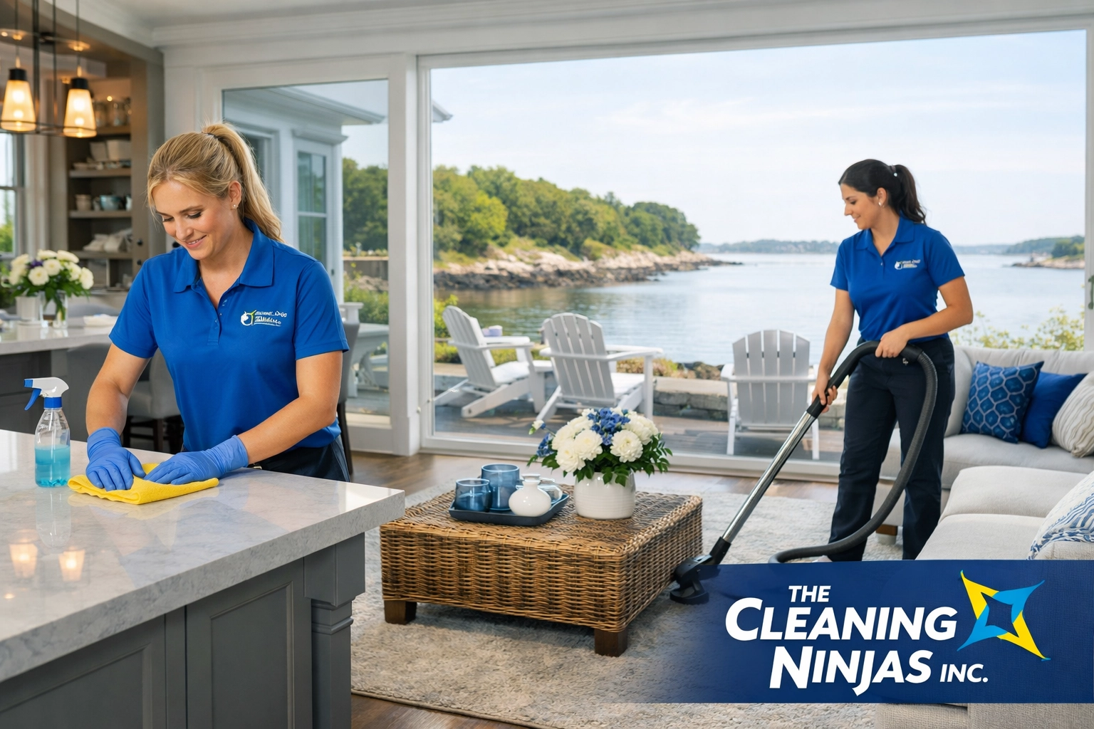 A beautiful, sunlit luxury living room in Hingham, Massachusetts, showcasing pristine surfaces and a view of the coast.
