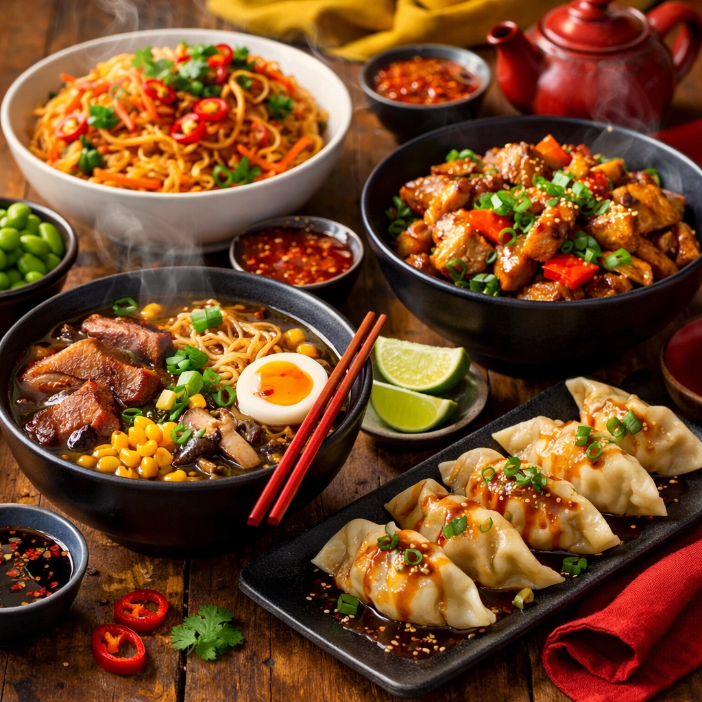 Asian-inspired comfort food including noodles, dumplings, and stir-fry dishes served in modern bowls