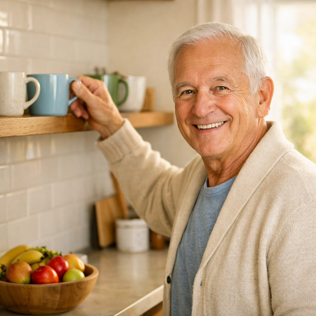 A senior man reaching for a kitchen mug on a middle-height shelf for safe home accessibility.