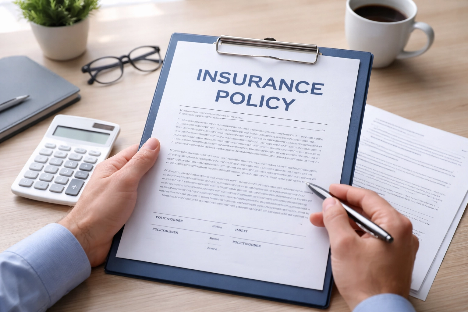 Homeowner reviewing insurance policy documents at desk, emphasizing deductible awareness