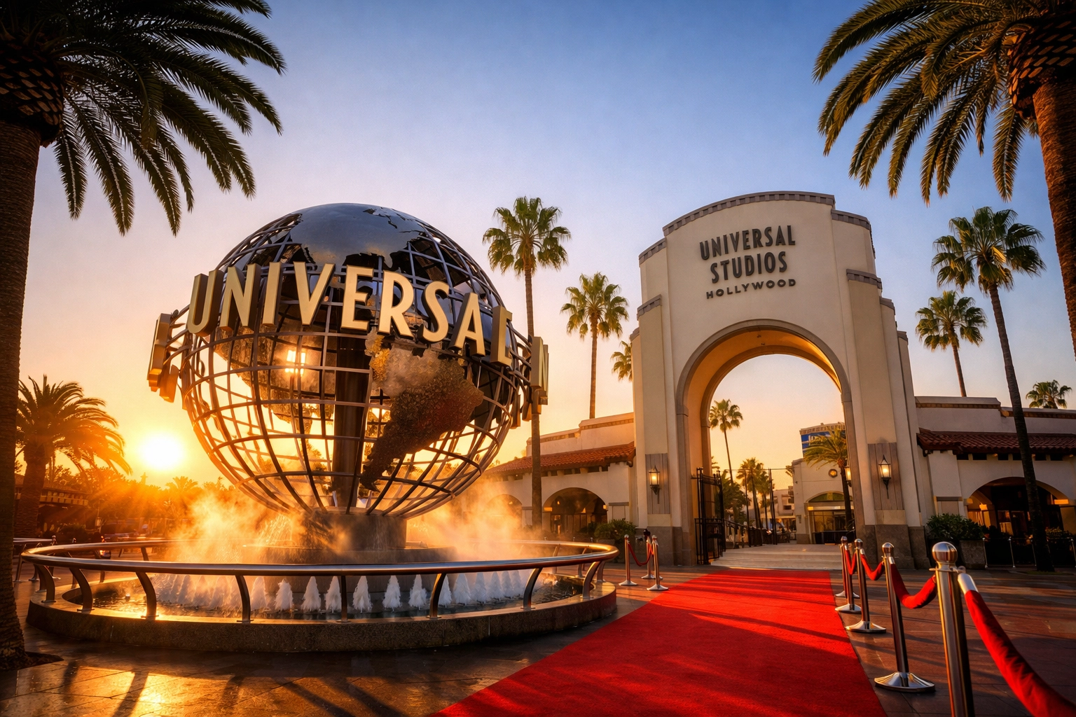 Golden hour at the Universal Studios Hollywood globe and entrance arch, a premier photo spot.